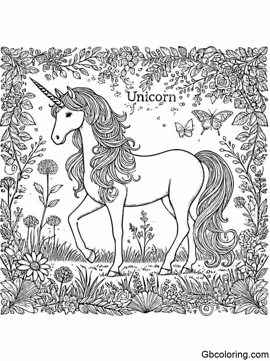 Elegant unicorn coloring pages in garden for adults