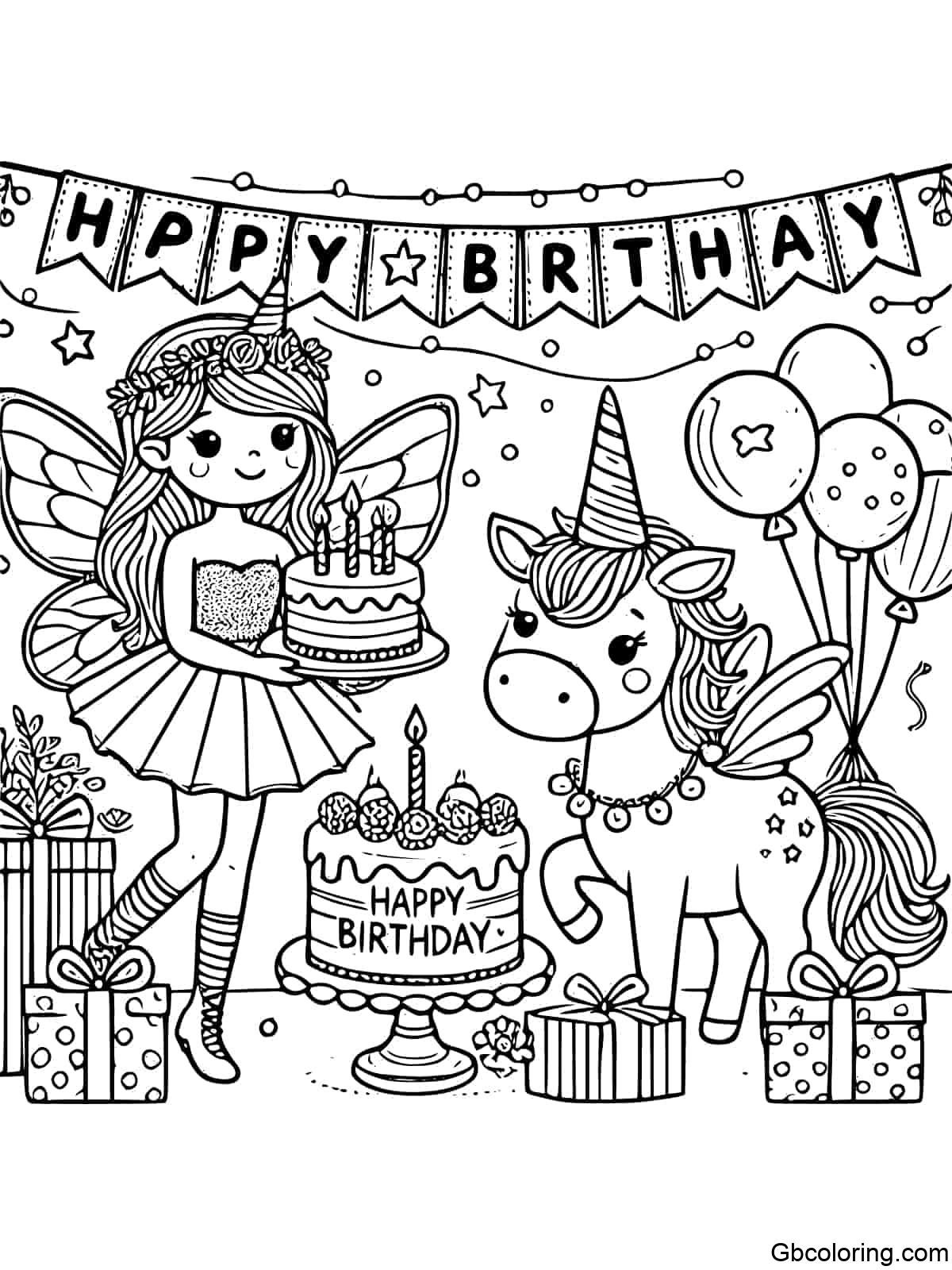 A fairy holding a birthday cake with a unicorn wearing a party hat