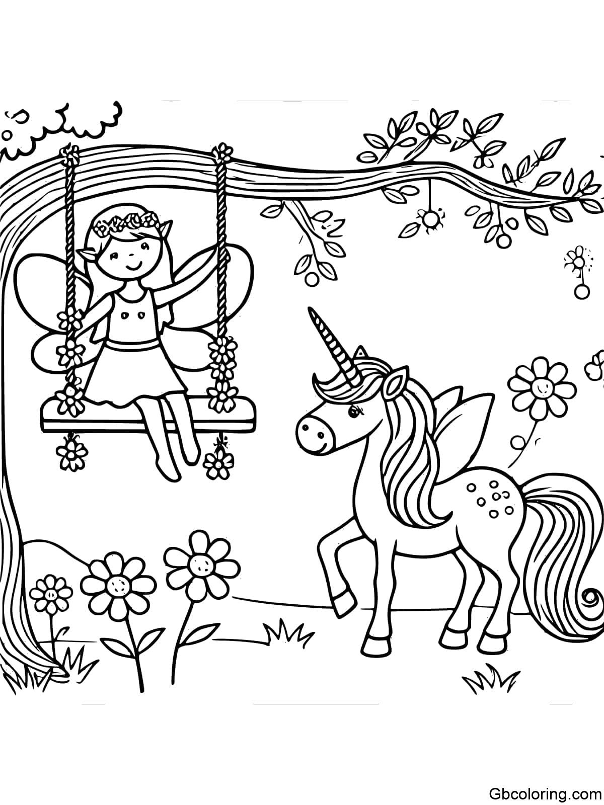 A fairy sitting on a flower swing with a unicorn standing nearby