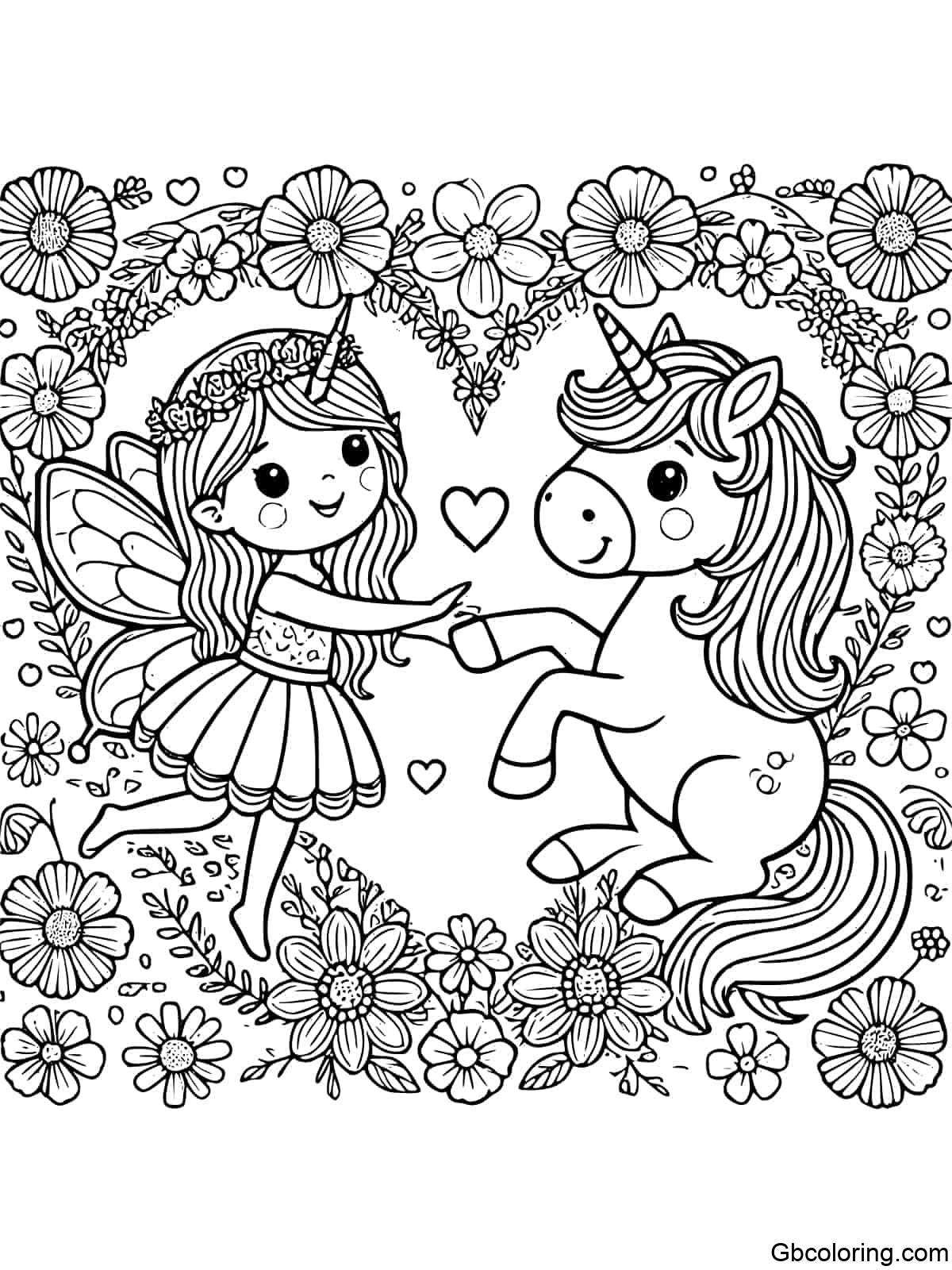 A fairy and a unicorn holding hands surrounded by a heart shape made of flowers