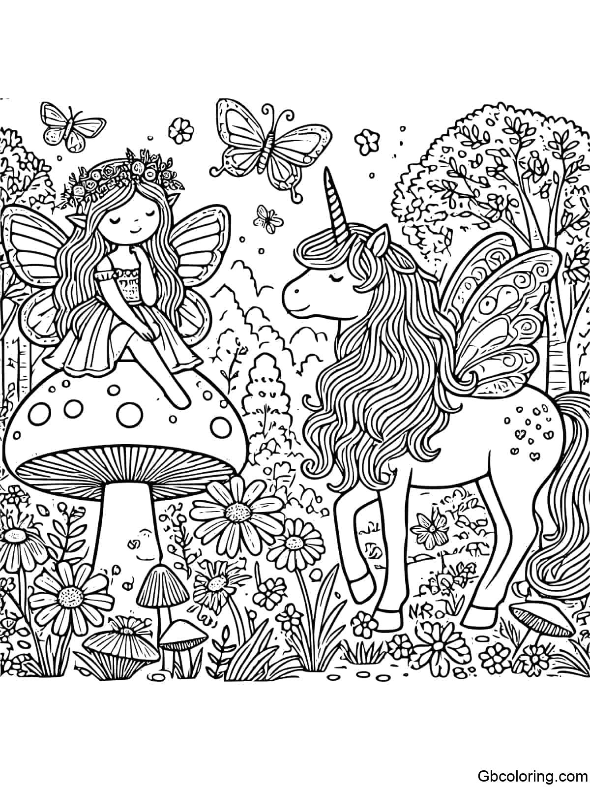 A fairy sitting on a mushroom with a unicorn nearby in a garden setting