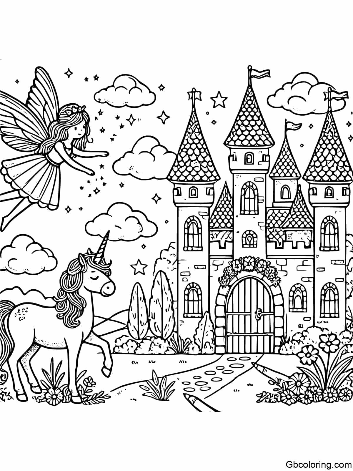 A fairy flying near a whimsical castle with a unicorn at the gate