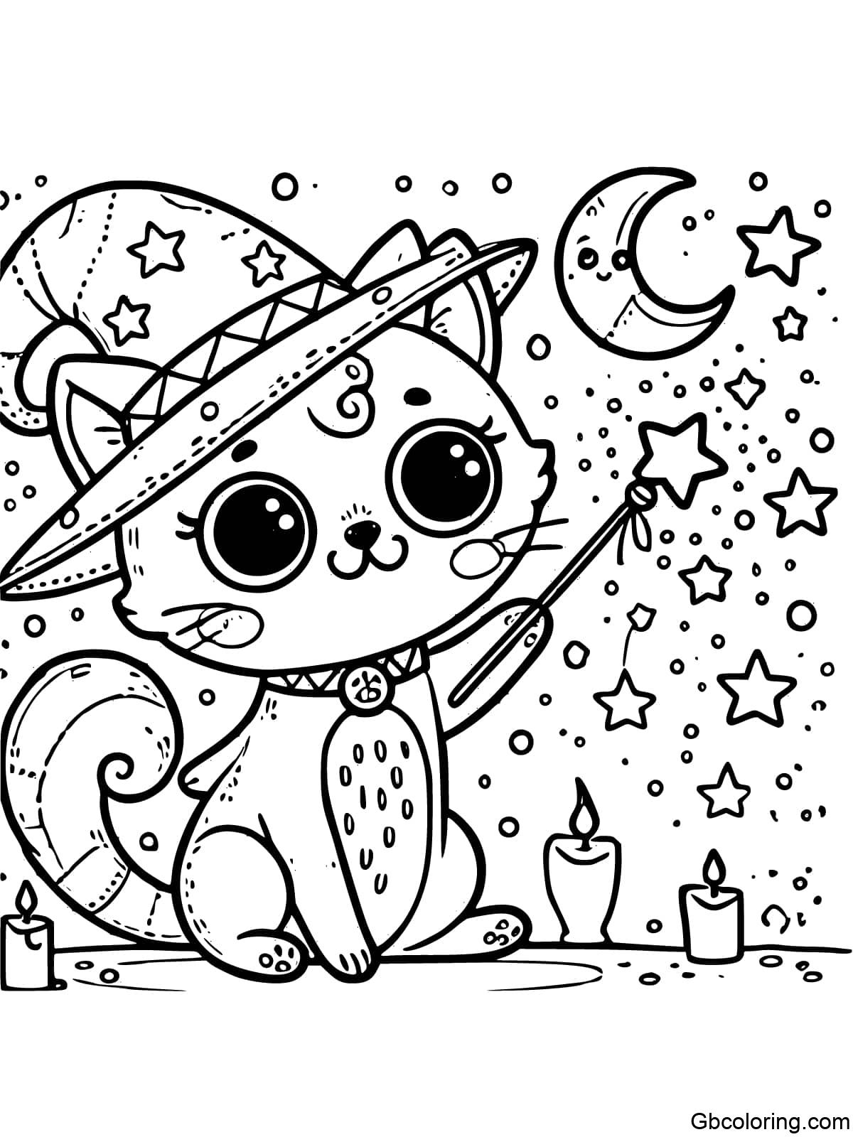 A whimsical fantasy cartoon cat wearing a wizard hat and holding a magic wand