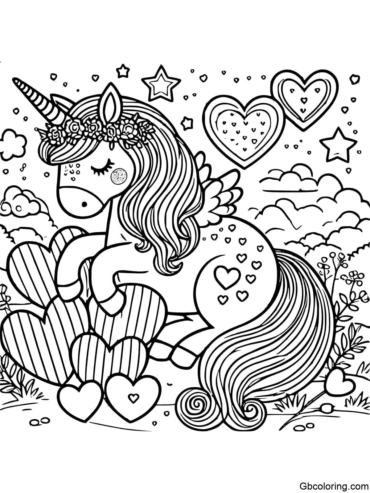 Unicorn with heart shapes in a fantasy landscape for coloring