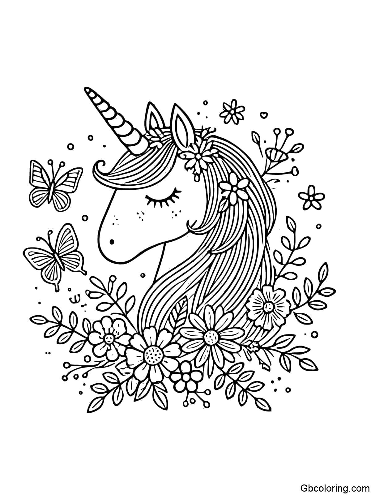 Simple unicorn head decorated with flowers for coloring