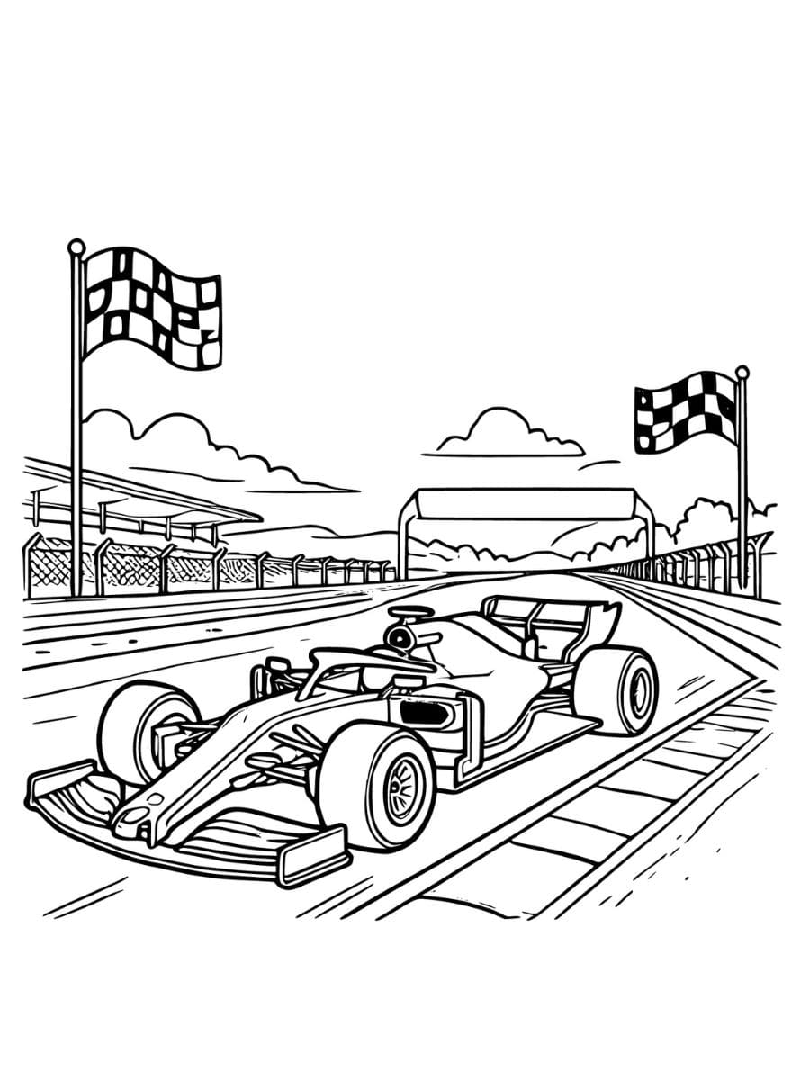 Coloring page of Formula 1 race car on track