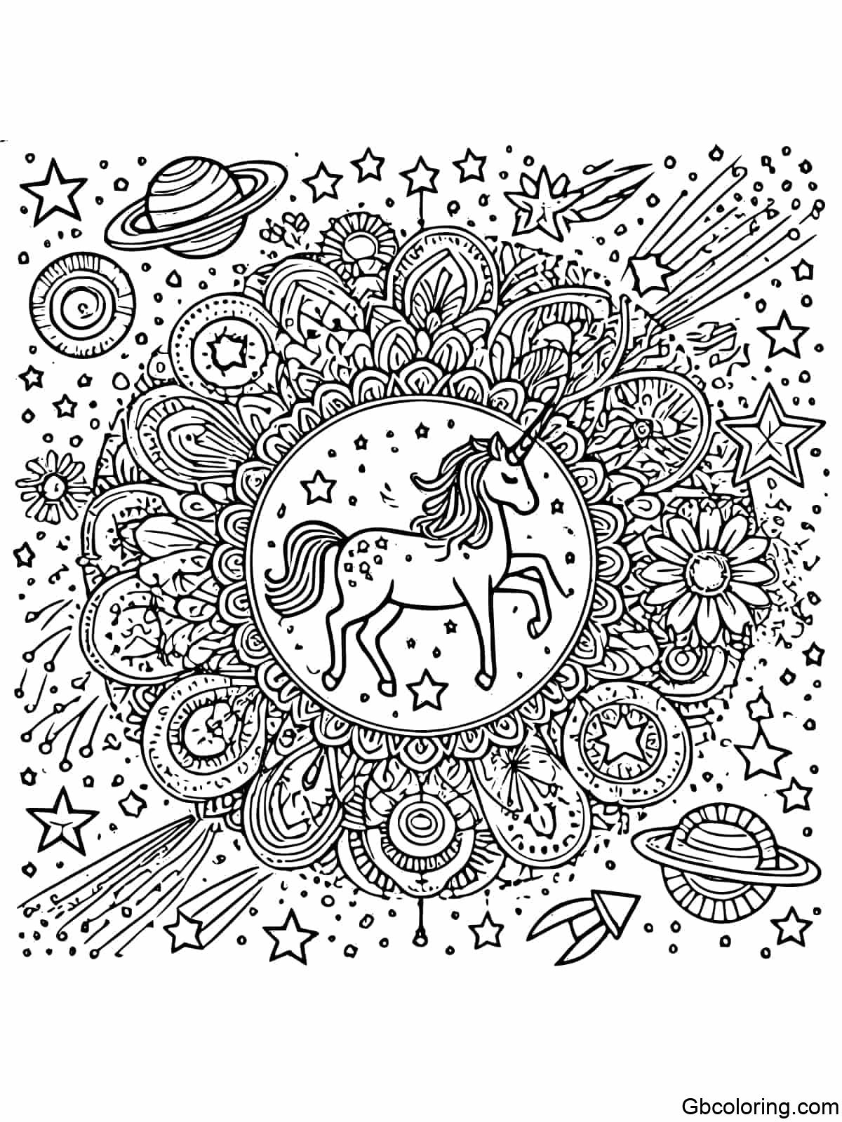 A simple and easy-to-color galaxy unicorn mandala for children featuring a unicorn surrounded by galaxy elements like stars, planets, and comets