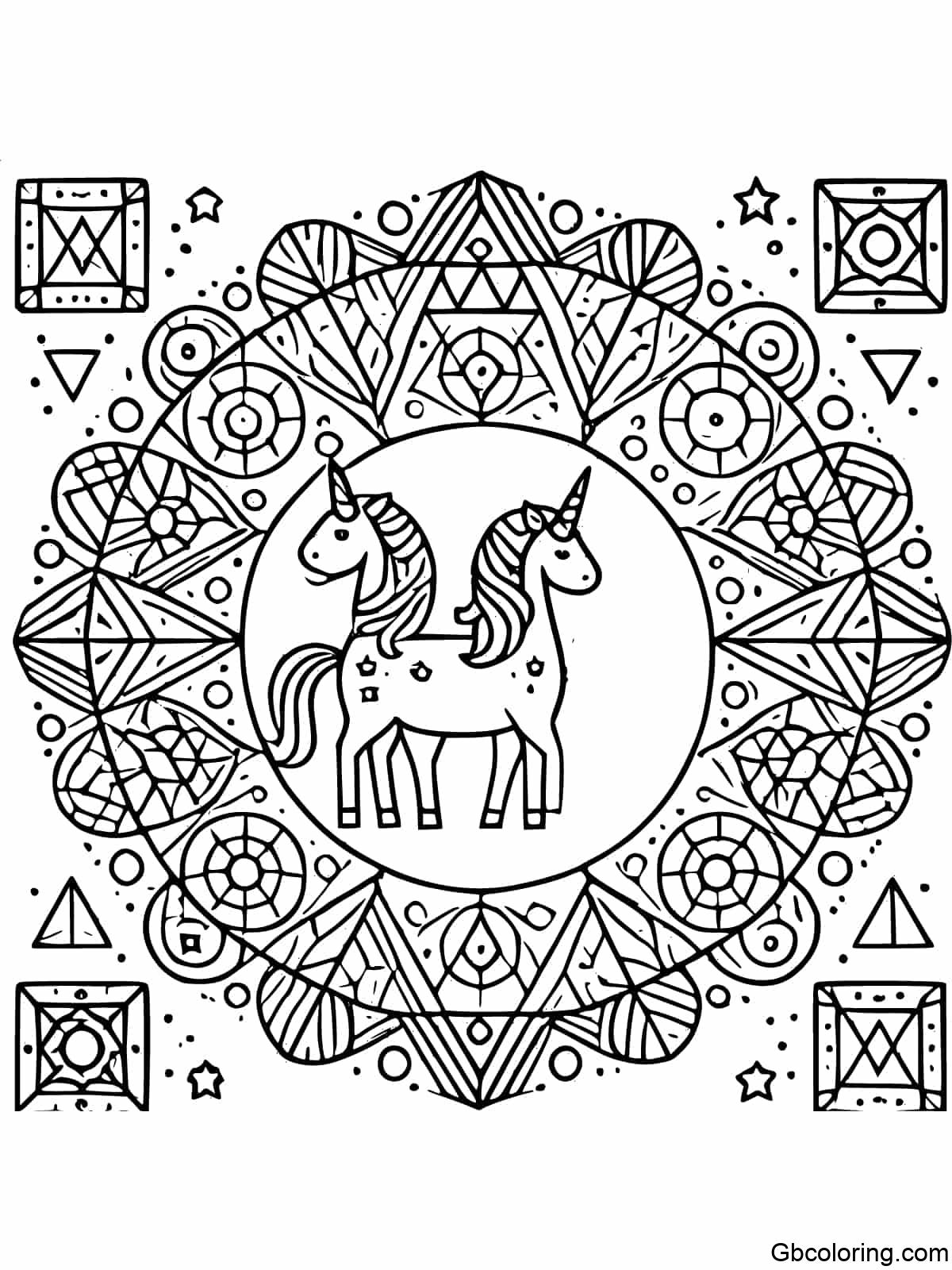 A simple and easy-to-color geometric unicorn mandala for children featuring a unicorn surrounded by geometric shapes like circles, triangles, and squares