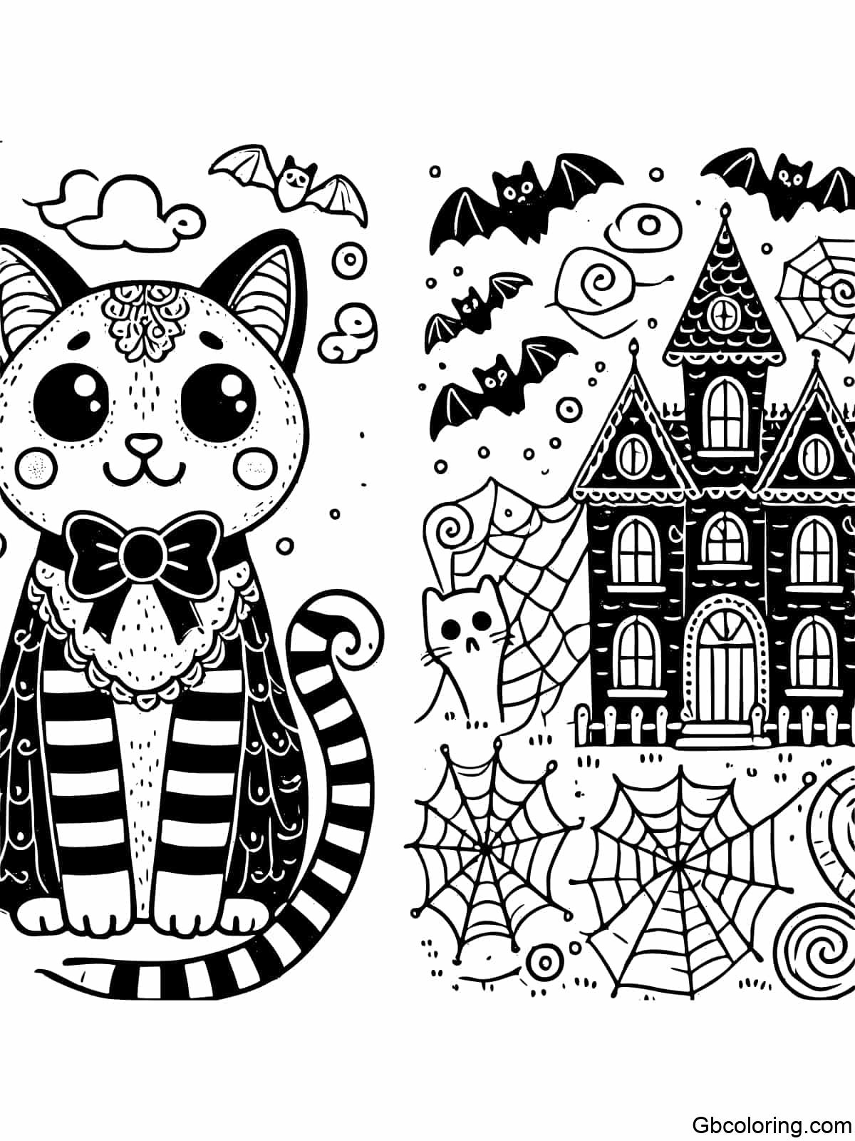 A spooky cat surrounded by bats, cobwebs, and a haunted mansion