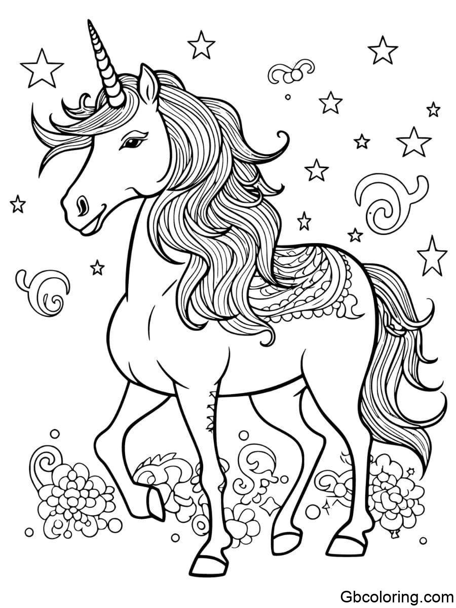 Graceful unicorn coloring pages with stars for adults