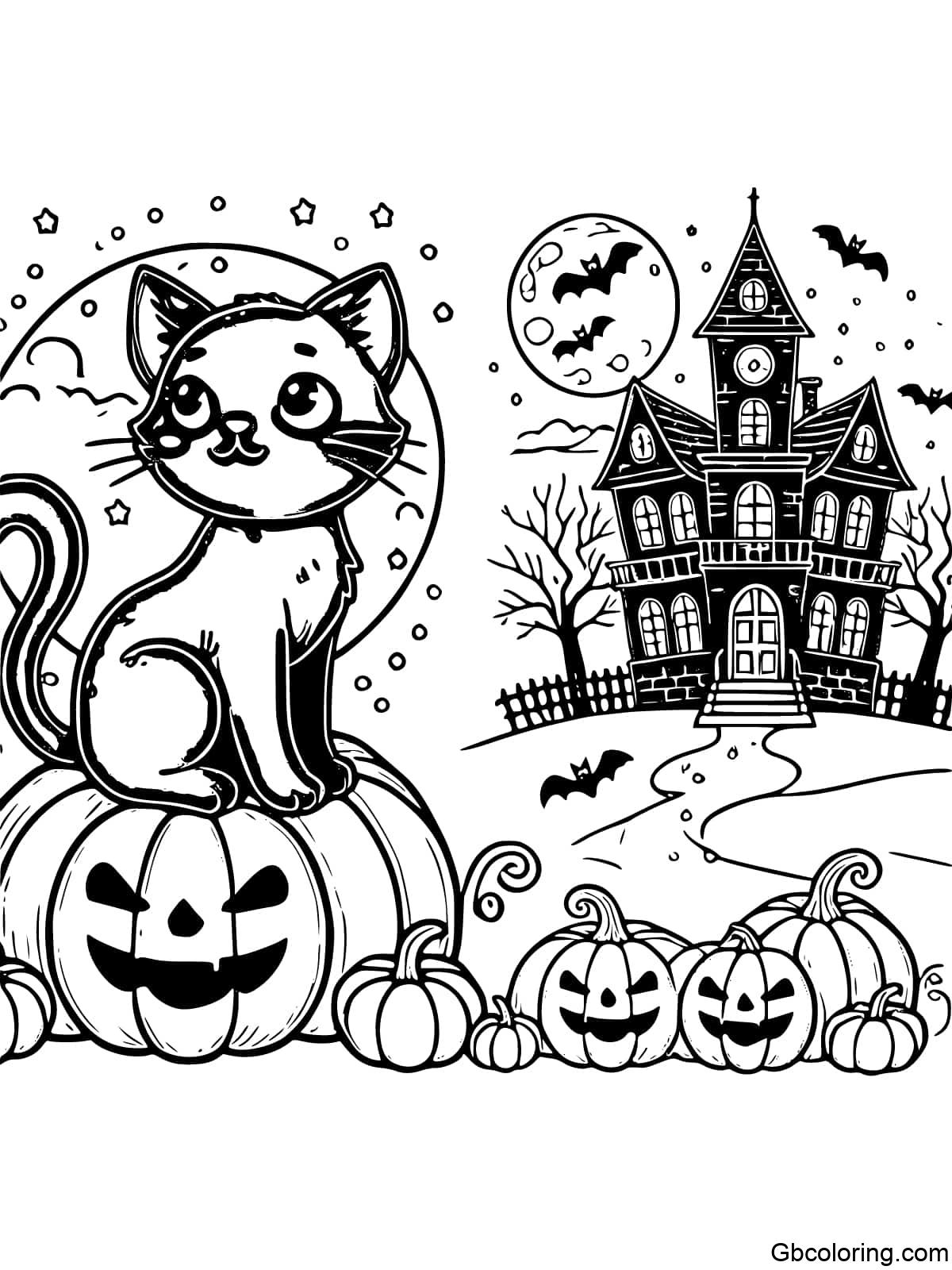 Black cat sitting on a pumpkin with a haunted house in the background