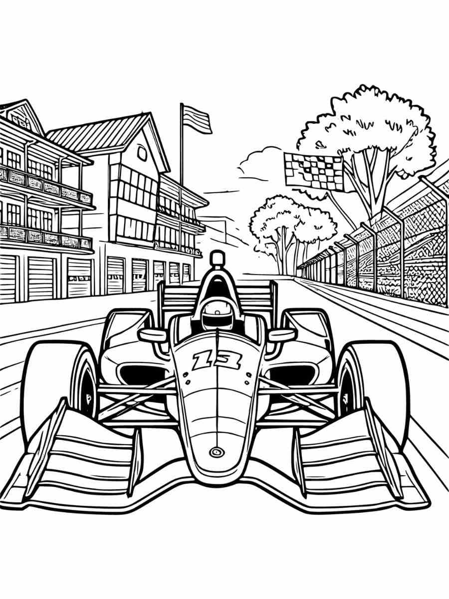 Coloring page of IndyCar race car on street circuit