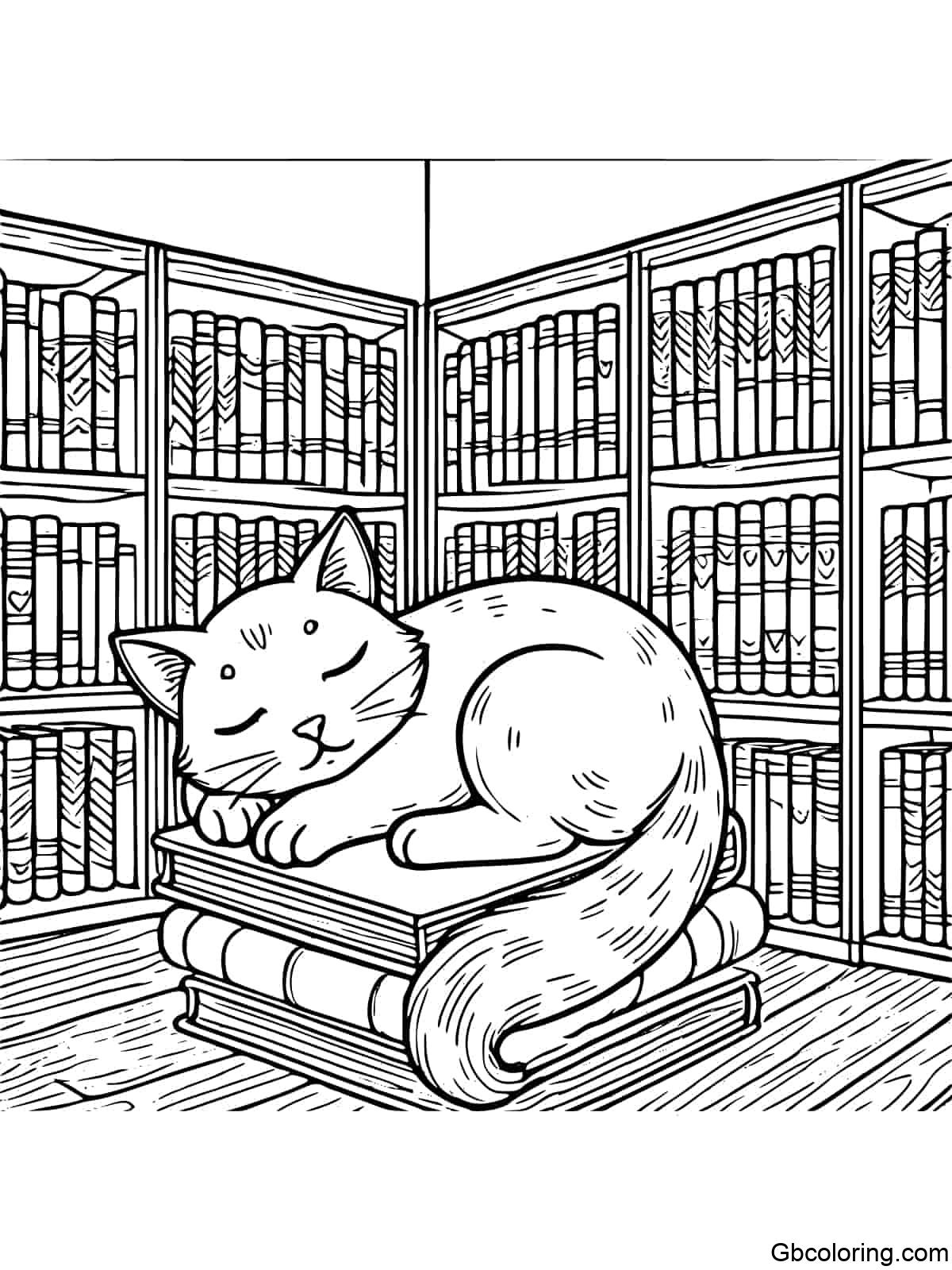 A simple coloring page of a cat curled up and sleeping on a stack of books in a library.