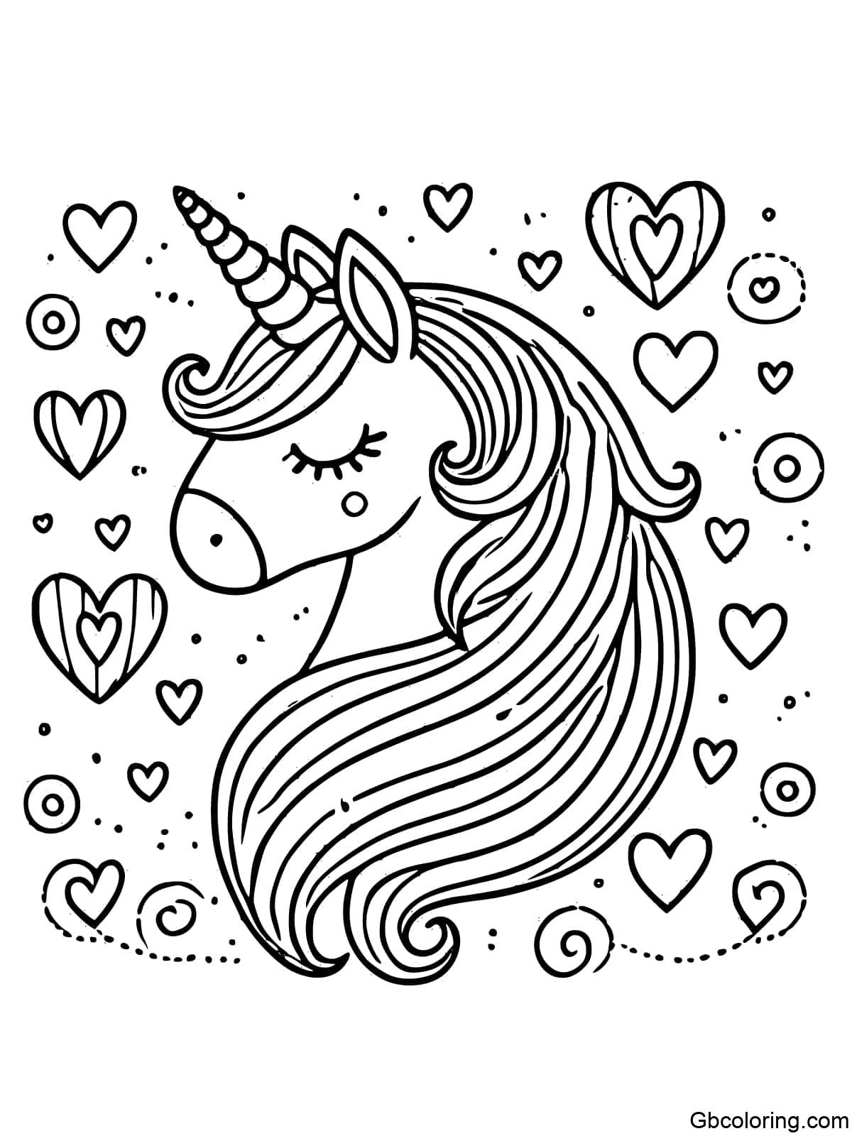 Simple unicorn head surrounded by hearts for coloring