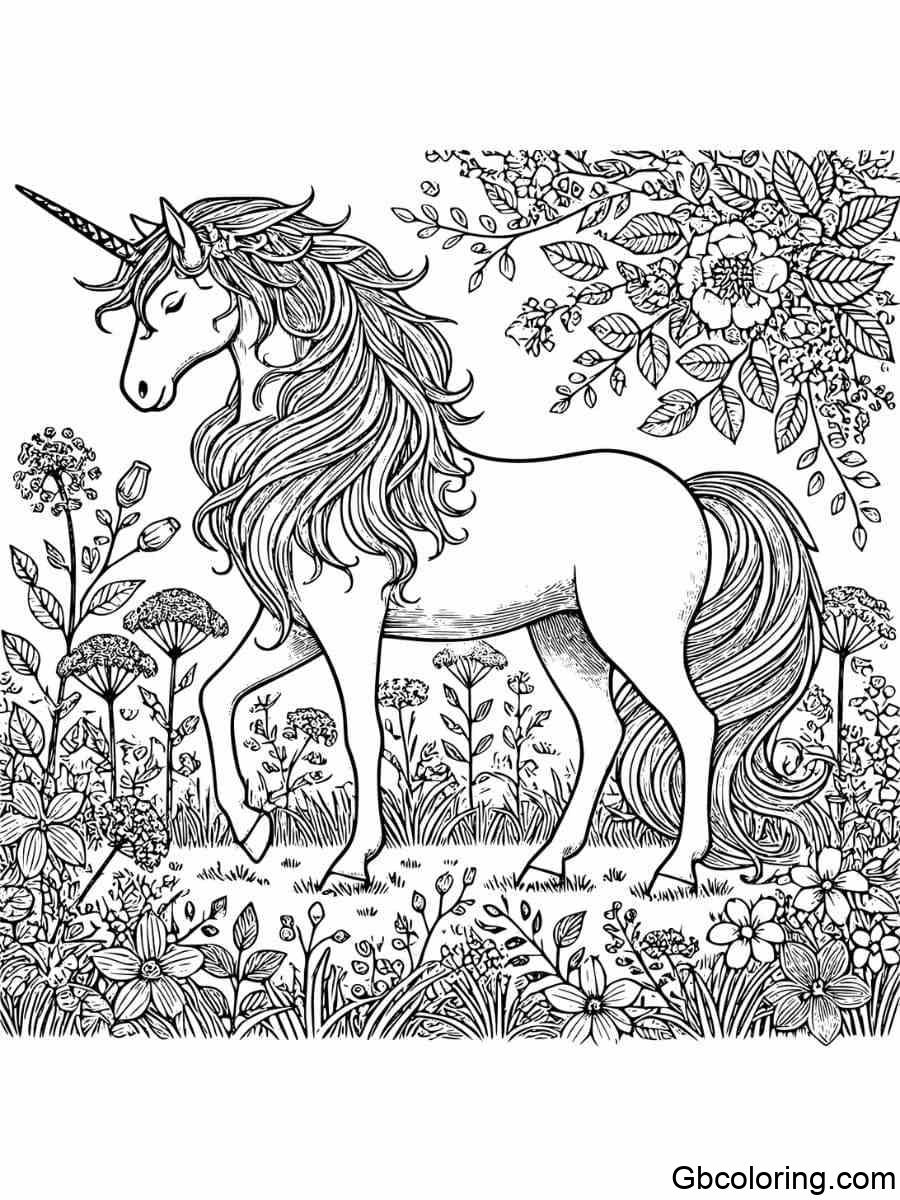 Majestic unicorn in floral field coloring pages for adults Majestic unicorn coloring pages in floral field for adults