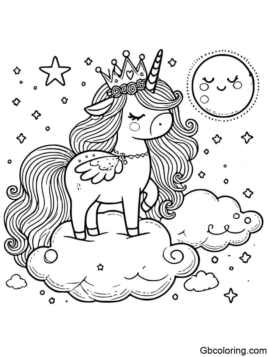 Princess Unicorn Moon And Stars Coloring Pages