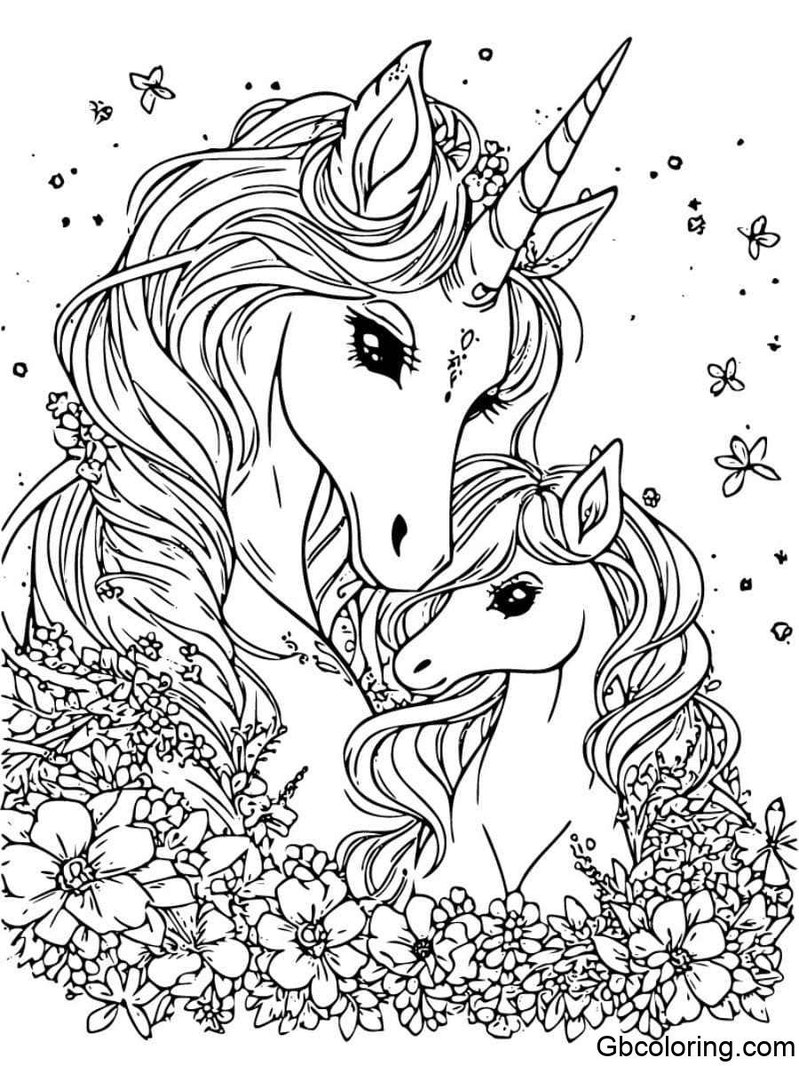 Mother and baby unicorn coloring pages in flowers for adults