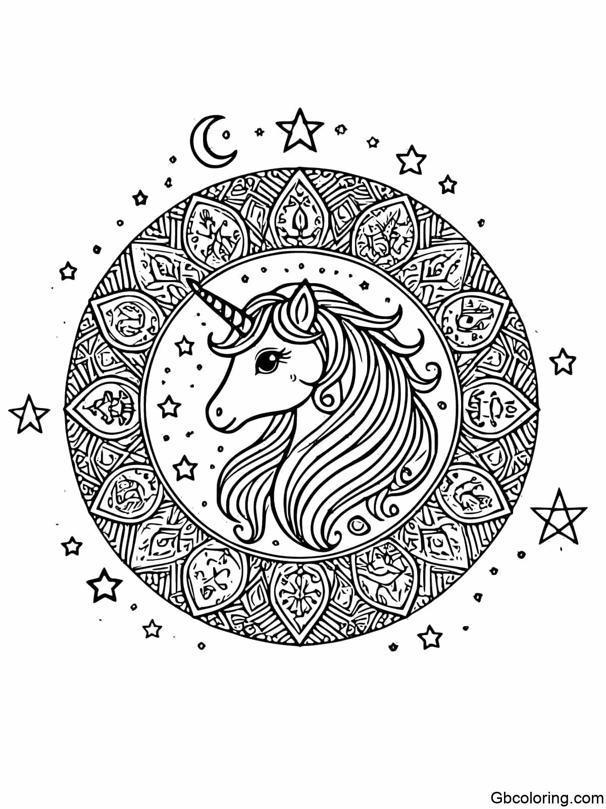 A simple and easy-to-color mystical unicorn mandala for children featuring a unicorn in the center surrounded by mystical symbols and mandala patterns