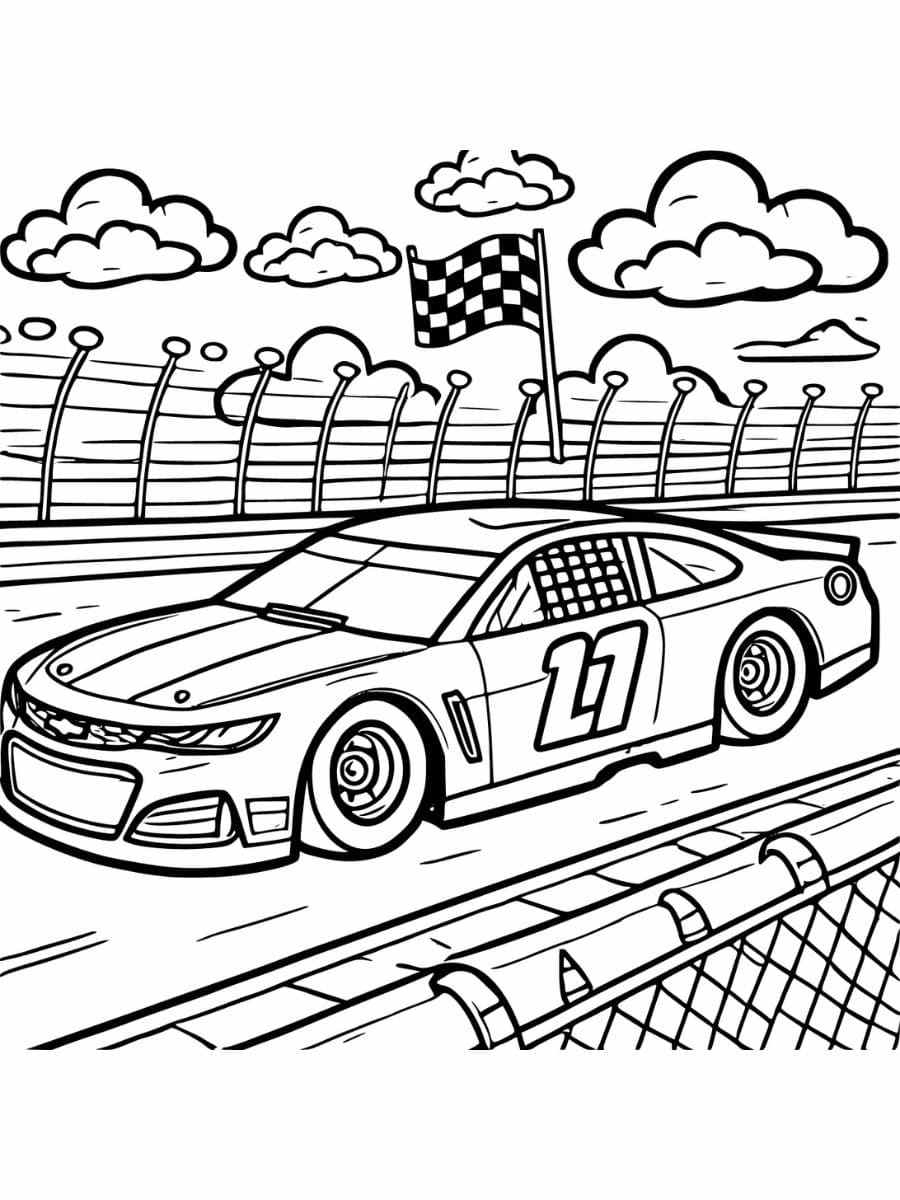 Coloring page of NASCAR race car on oval track