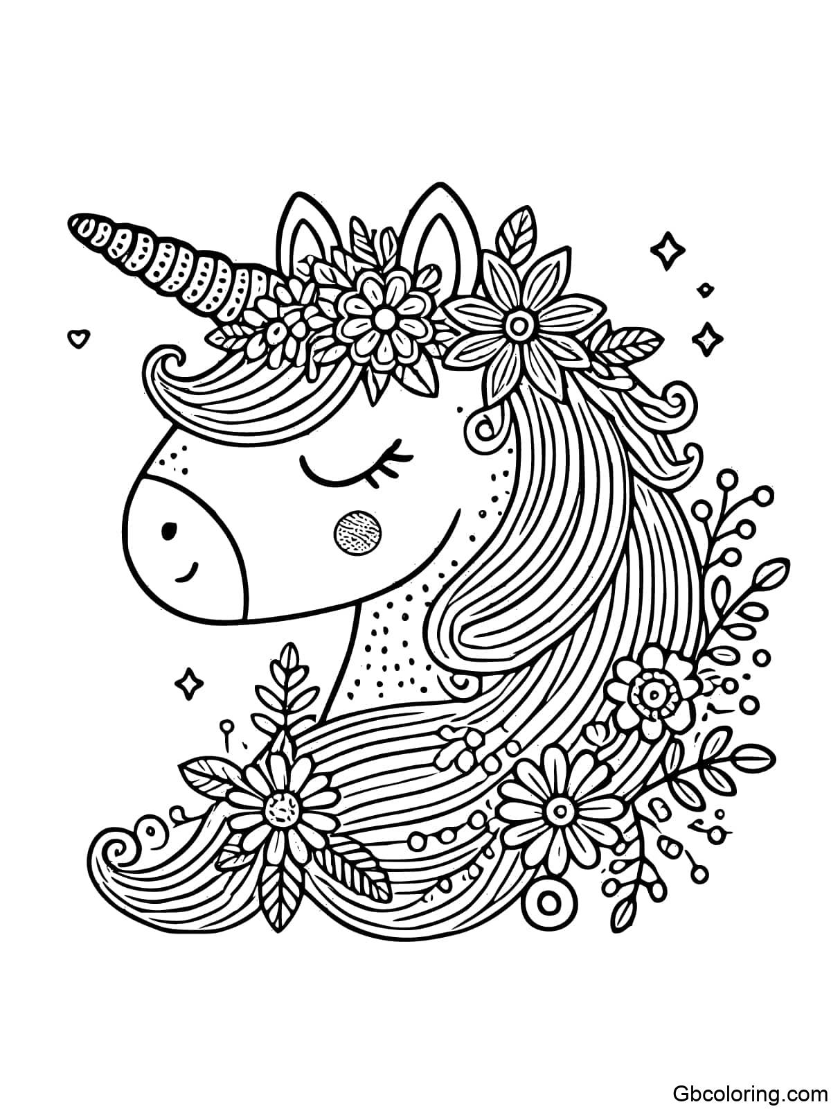 Simple unicorn head with natural elements for coloring