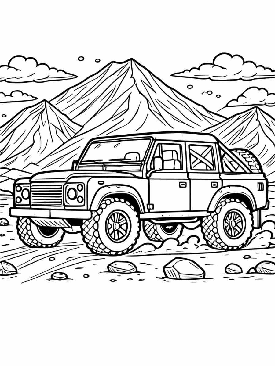 Coloring page of off-road racing car on rough terrain