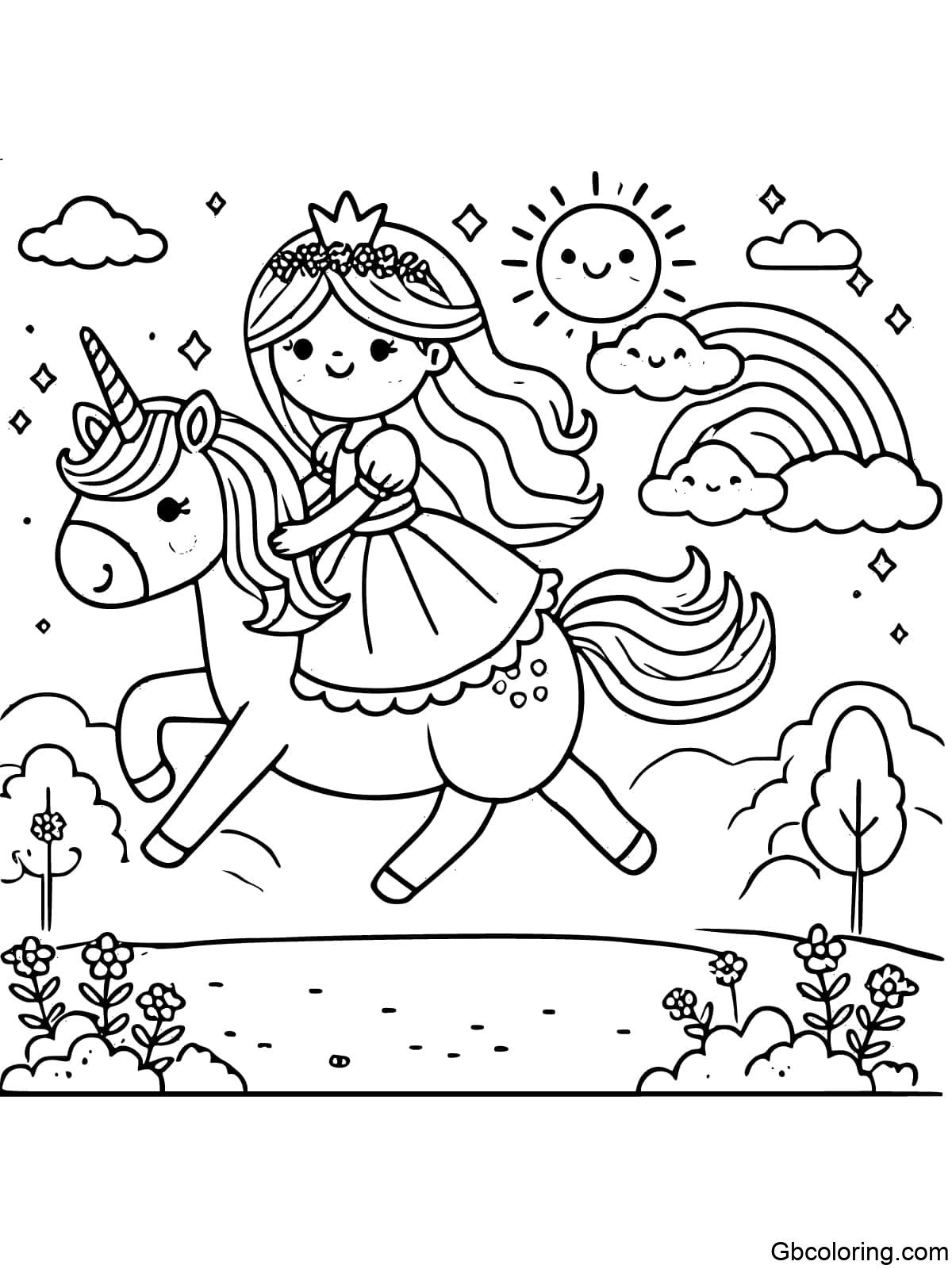 A simple and easy coloring page for children featuring a princess riding a unicorn