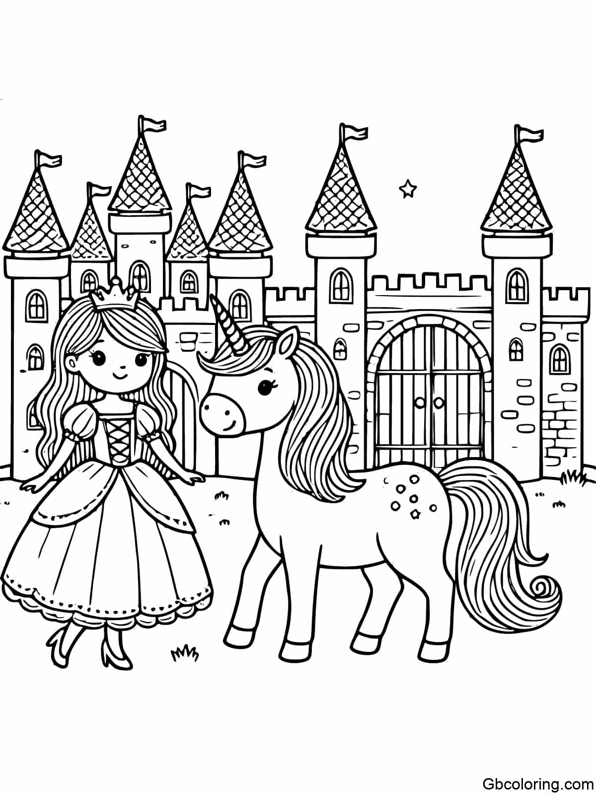 simple and easy coloring page for children featuring a princess and a unicorn at the castle gate.