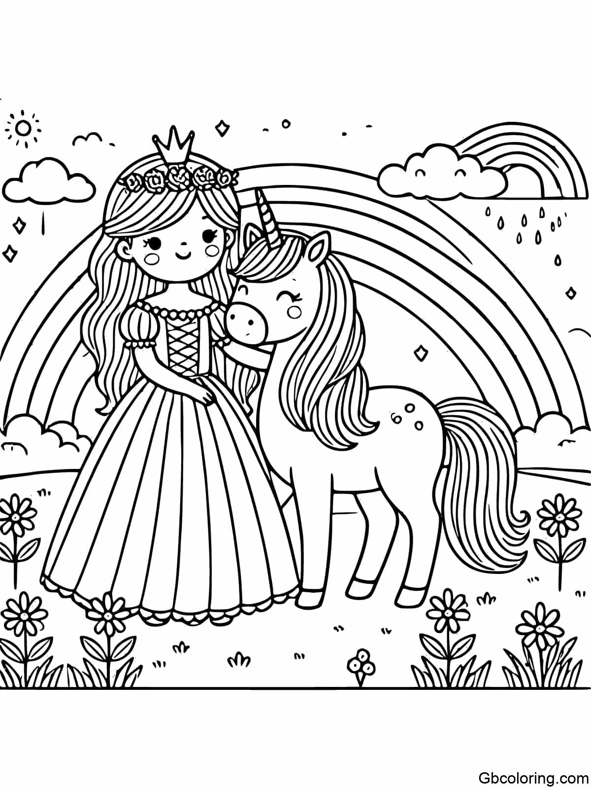 A simple and easy coloring page for children featuring a princess and a unicorn in a rainbow field