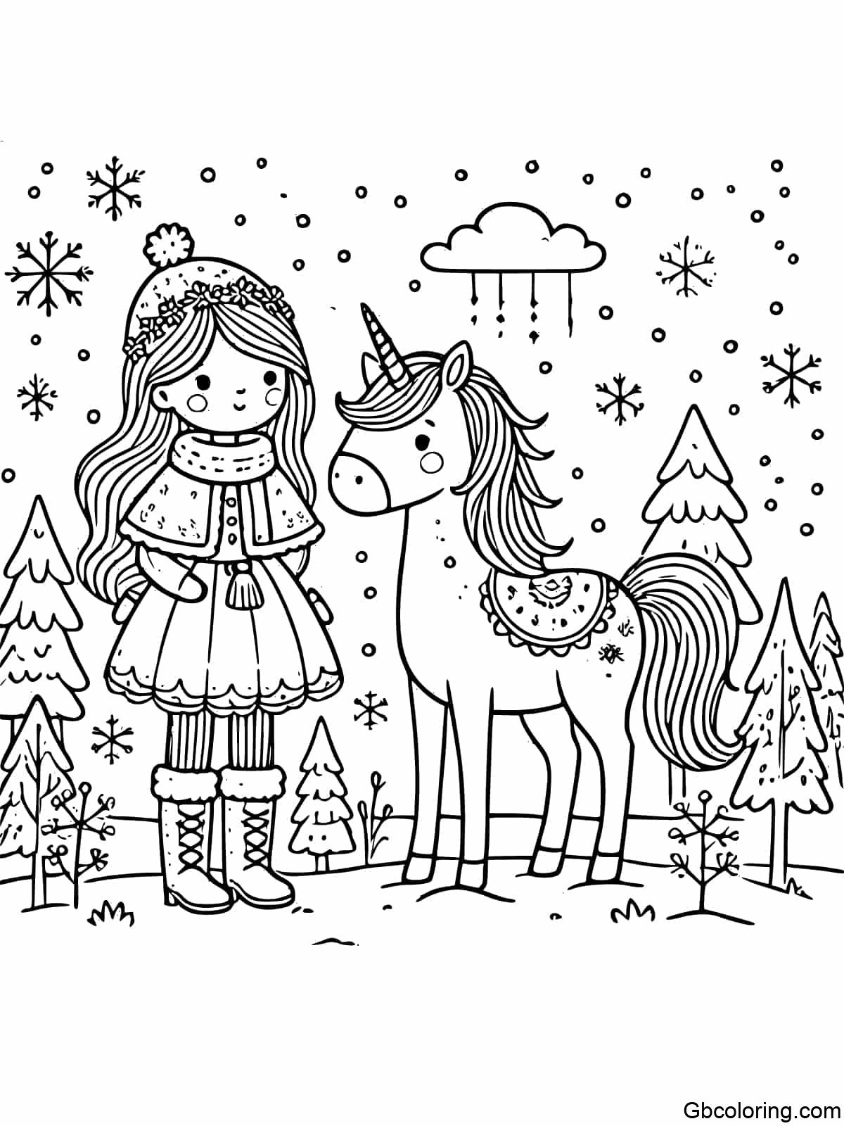 A simple and easy coloring page for children featuring a princess and a unicorn in a winter wonderland