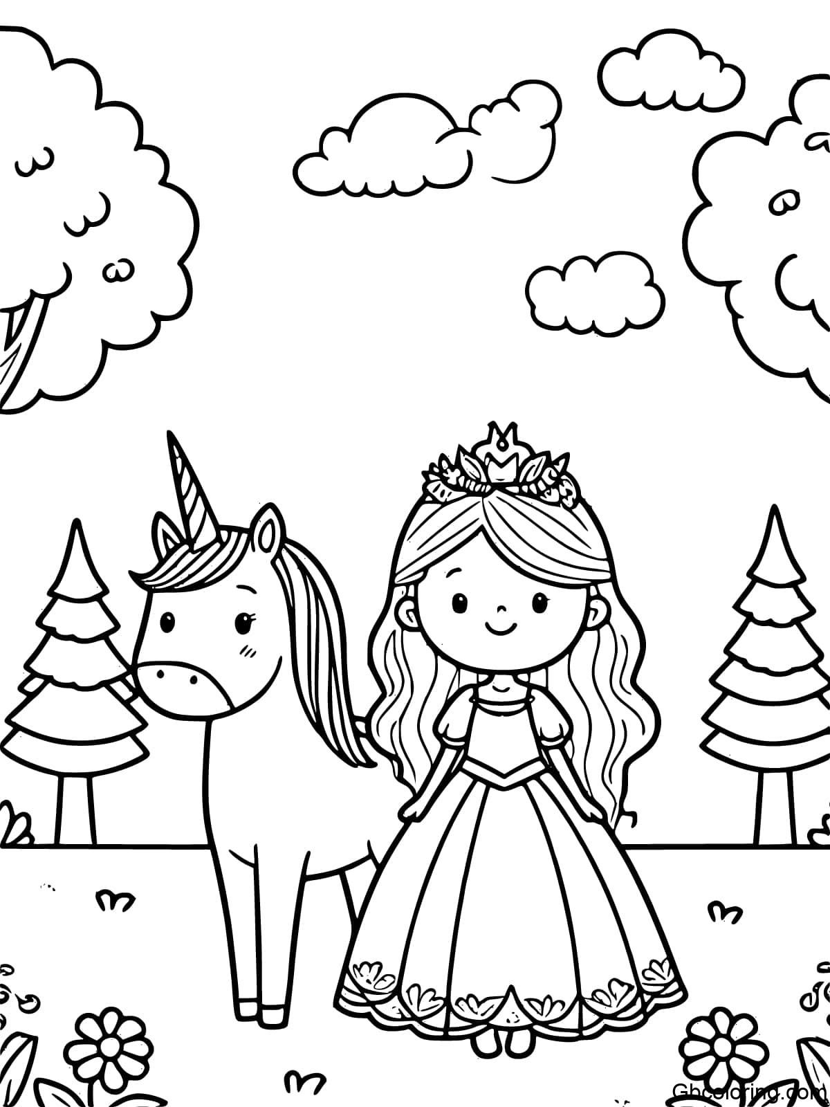 A simple and easy coloring page for children featuring a princess and a unicorn in the enchanted forest