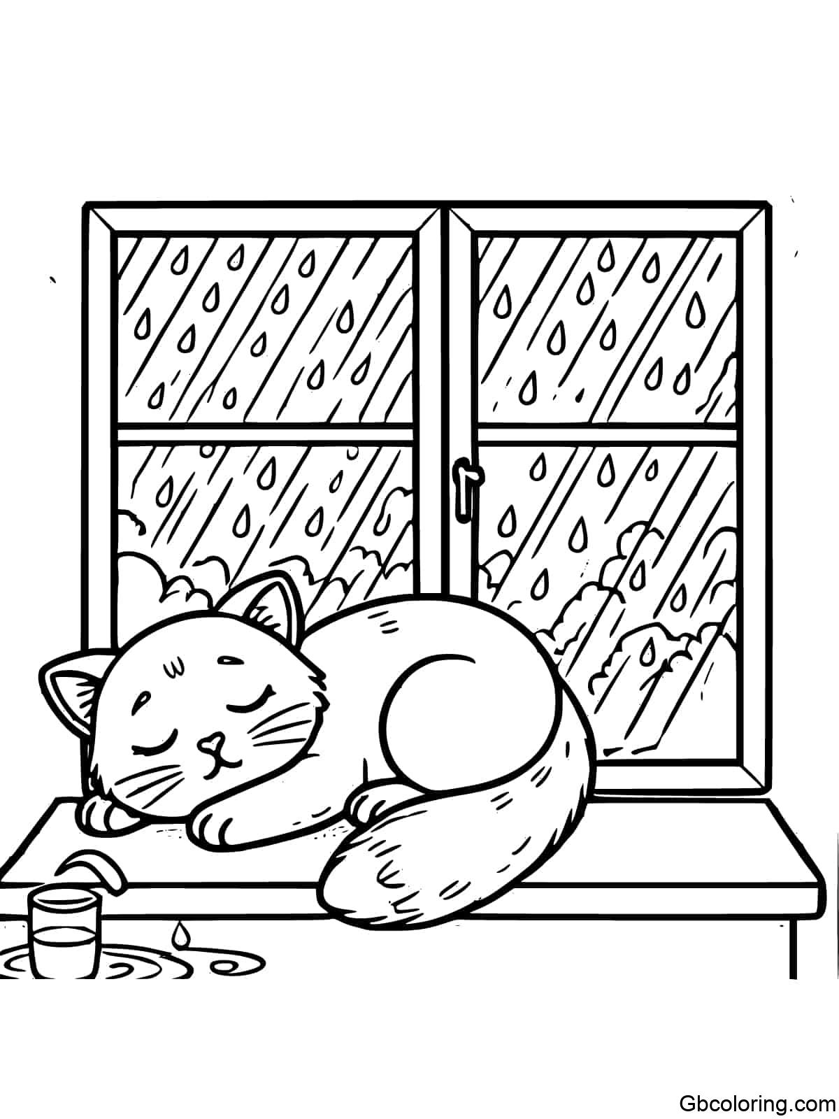 A simple coloring page of a cat sleeping on a windowsill while rain pours outside.