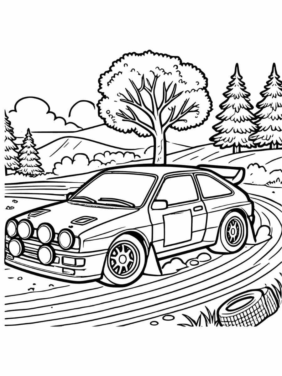 Coloring page of rally car on dirt track