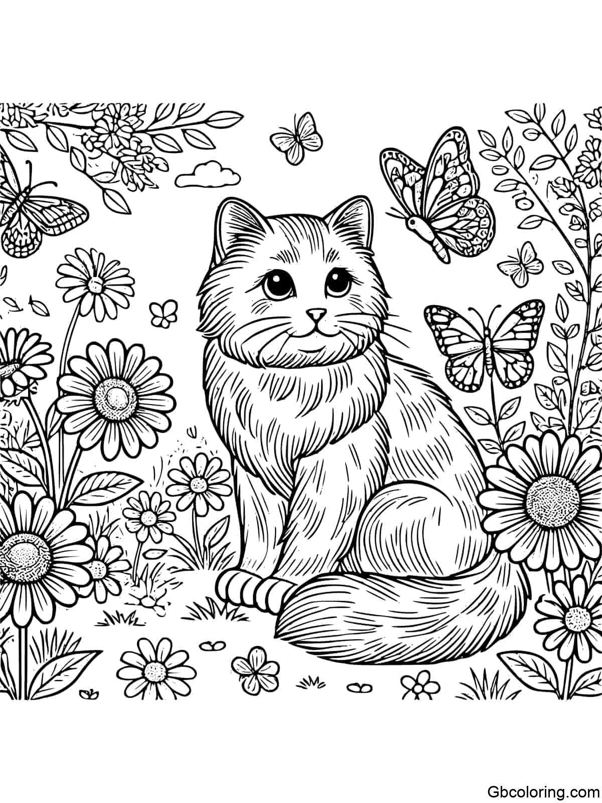 Realistic cat sitting among flowers and butterflies in a garden