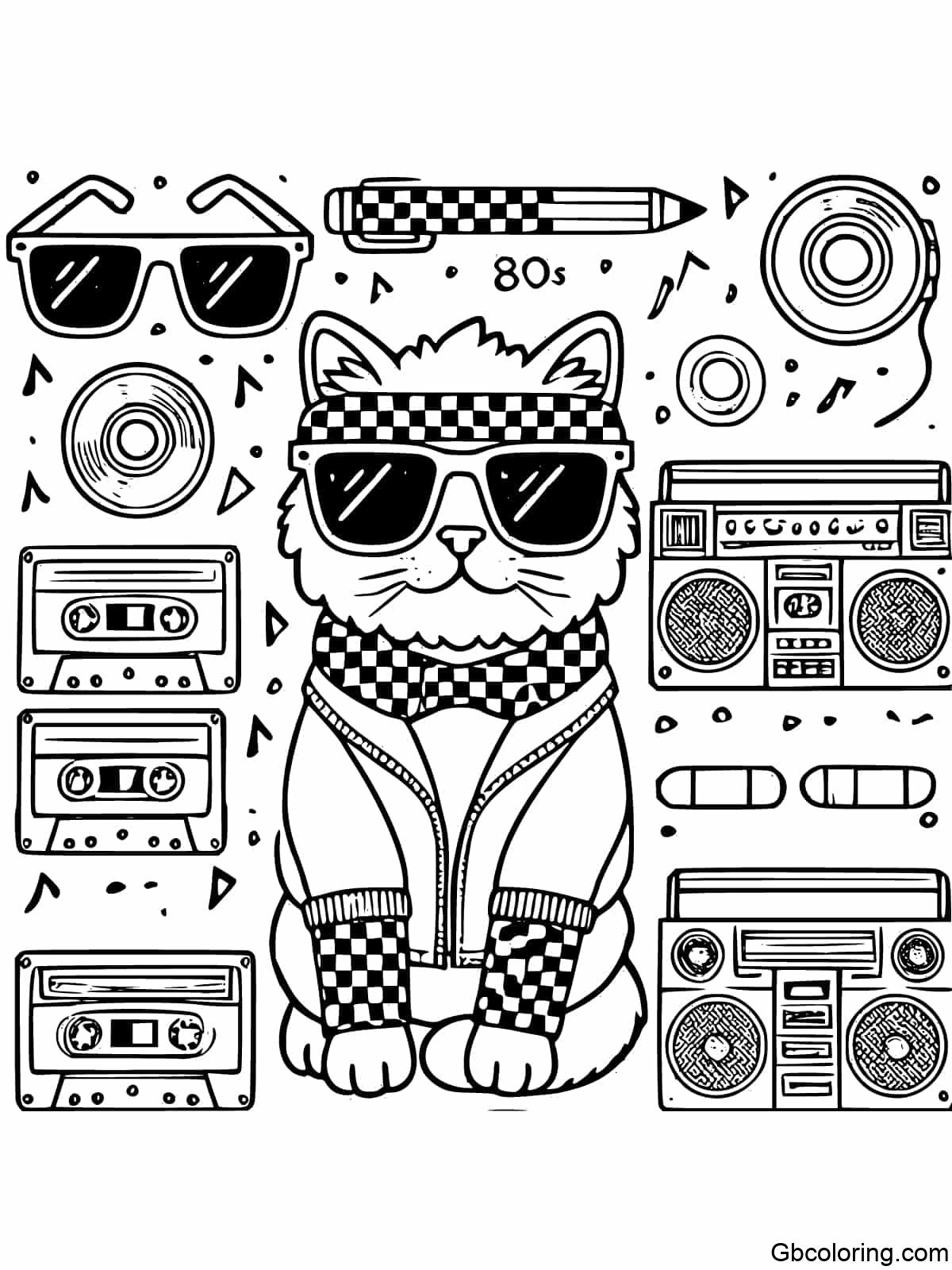 A cat wearing 80s style sunglasses and attire with cassette tapes and boomboxes