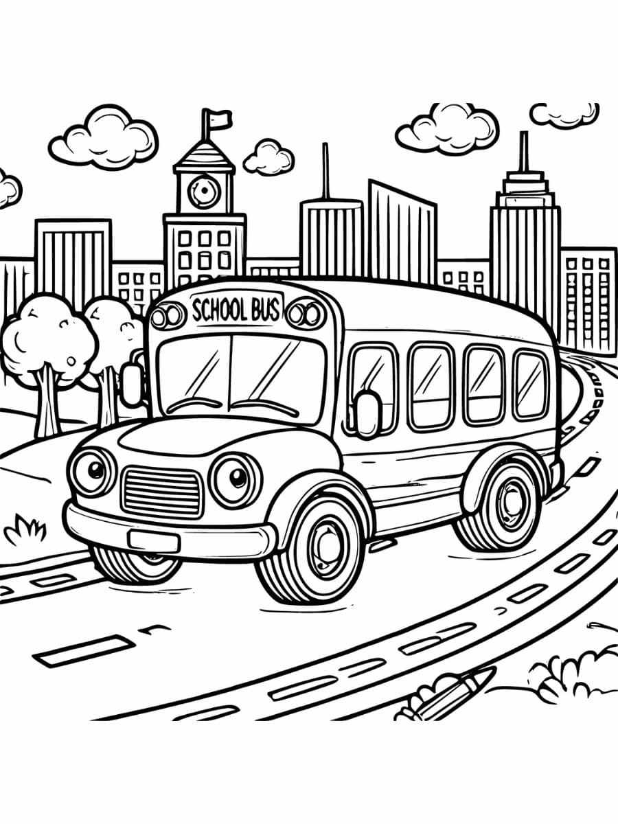 Coloring page of school bus driving along road with cityscape