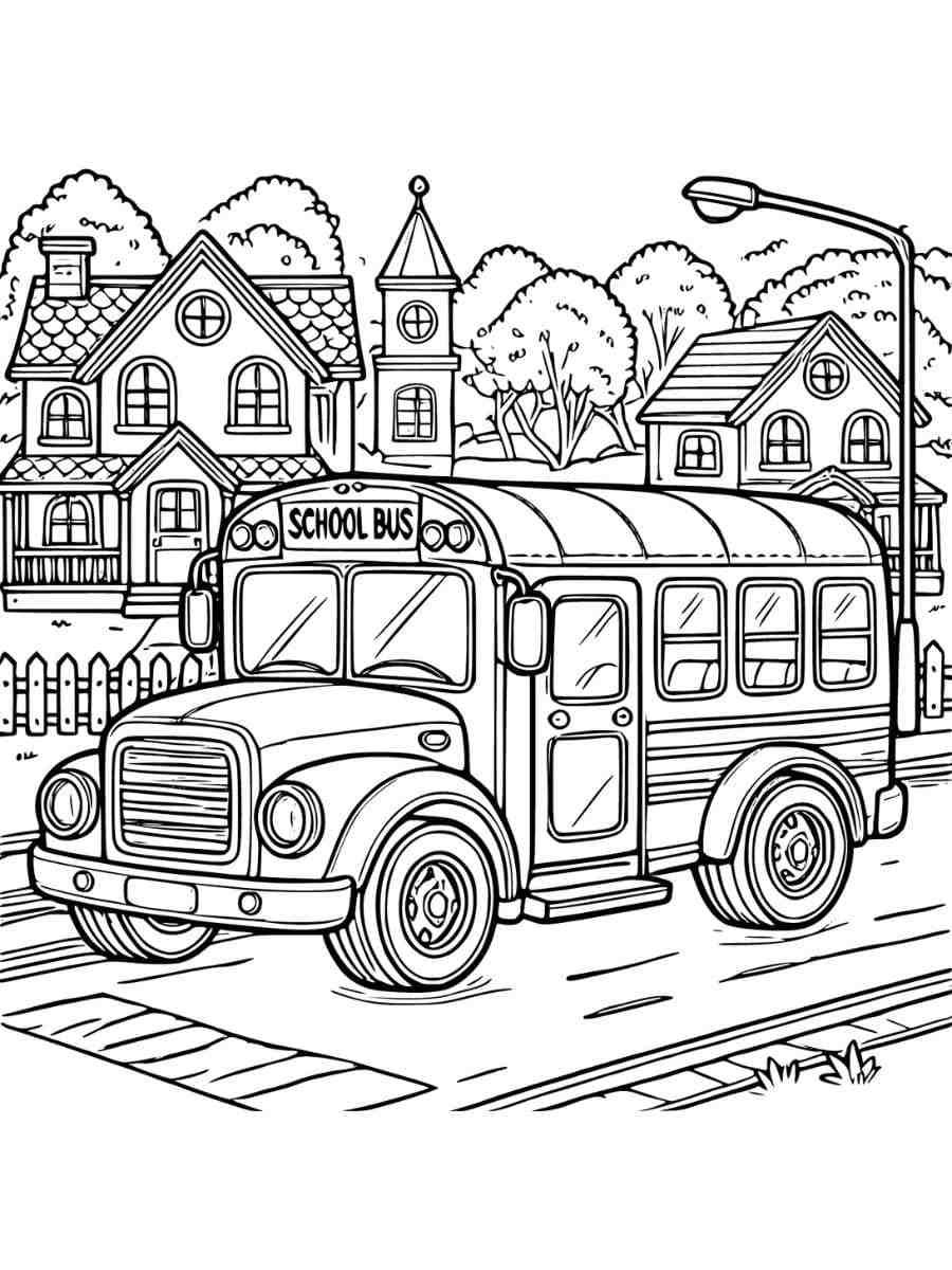 Coloring page of school bus driving through neighborhood with houses