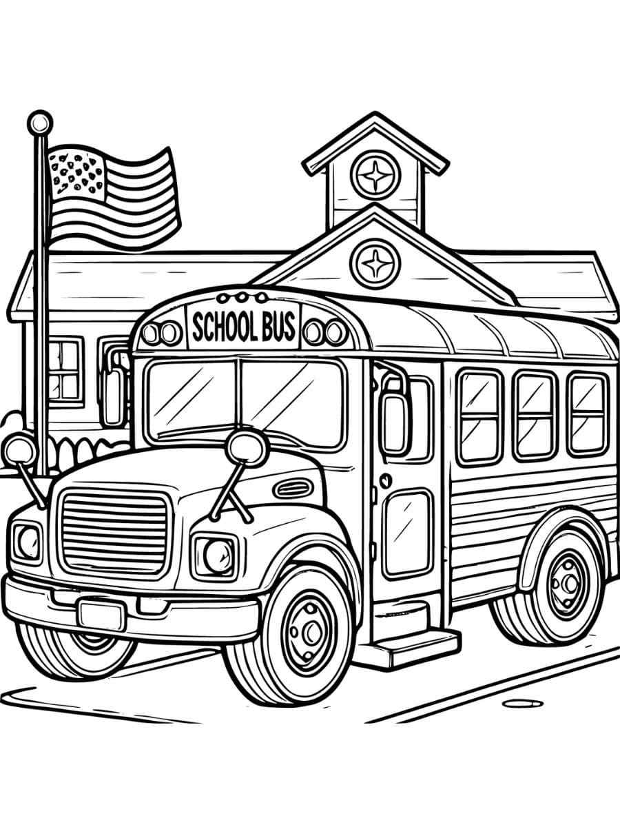 Coloring page of school bus parked in front of school building