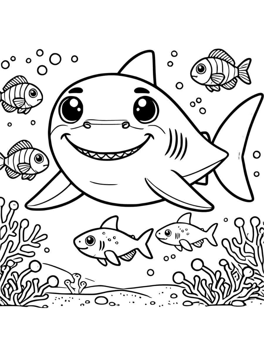 Coloring page of Smiling Shark With Fish