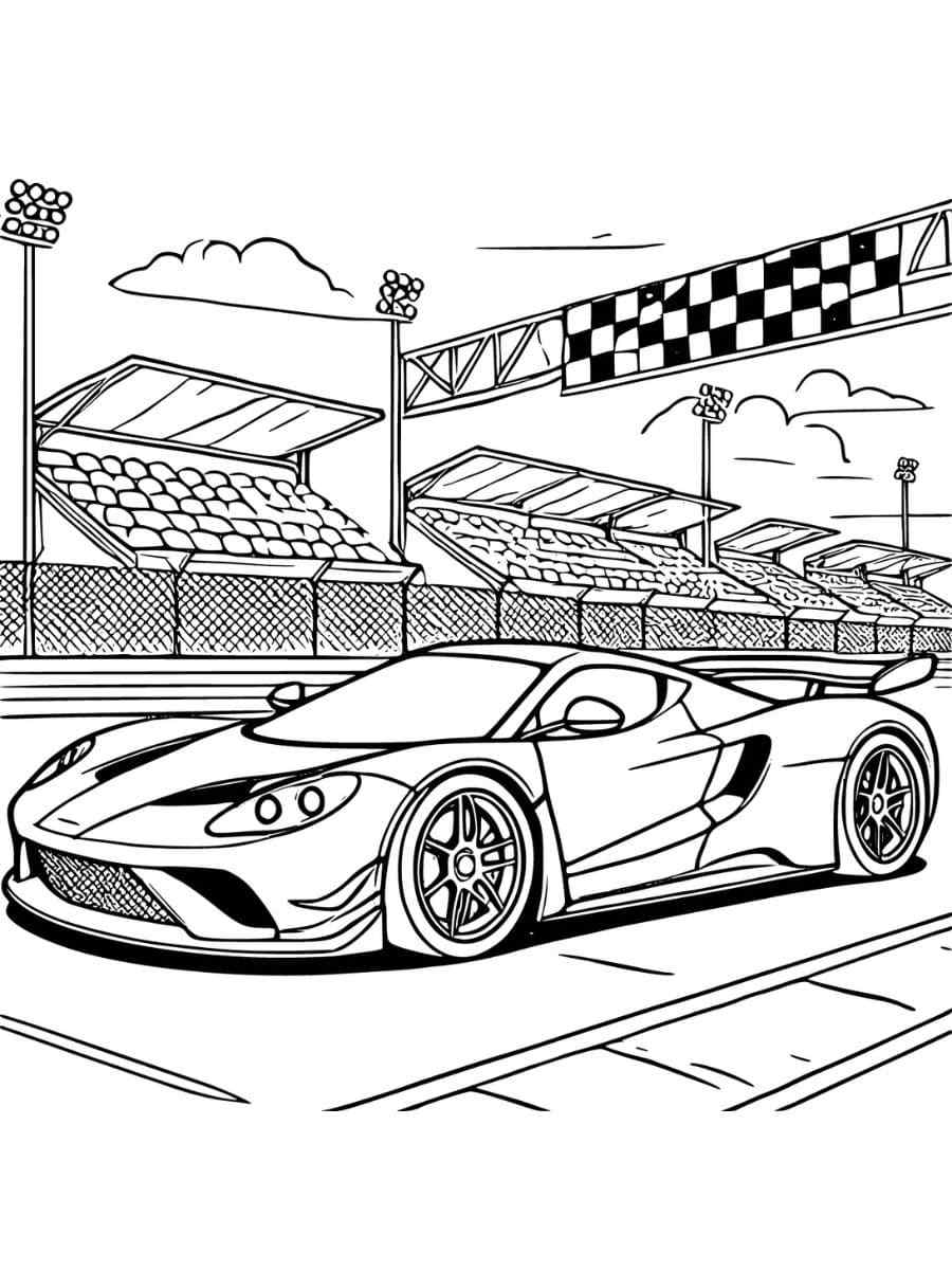 Coloring page of sports car on racetrack with stands