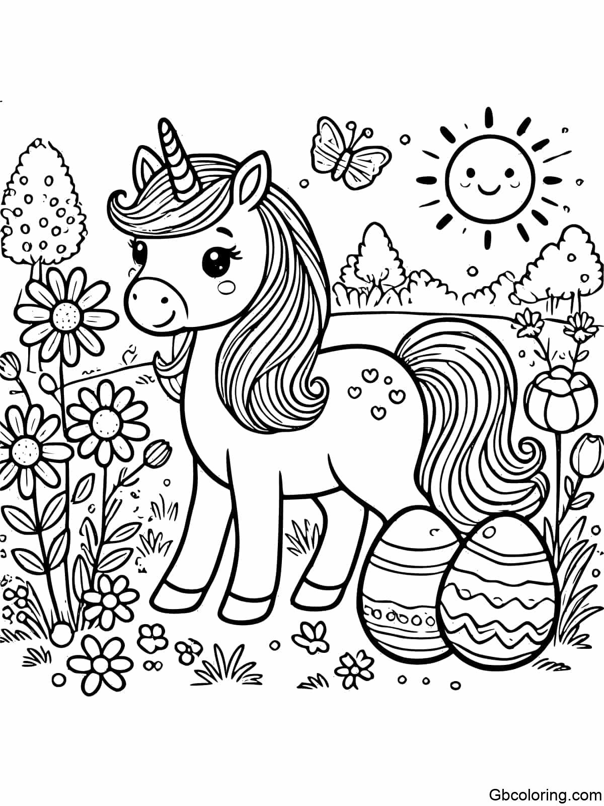 A unicorn standing in a springtime meadow with Easter eggs scattered around.