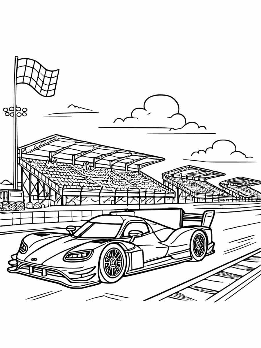 Coloring page of touring car on racetrack with stands