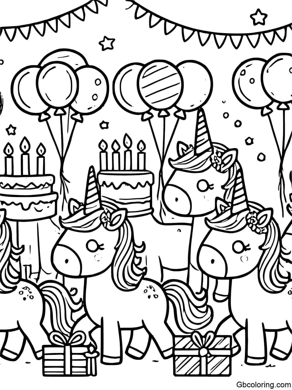 A parade of unicorns celebrating a birthday, ideal for kids to color.