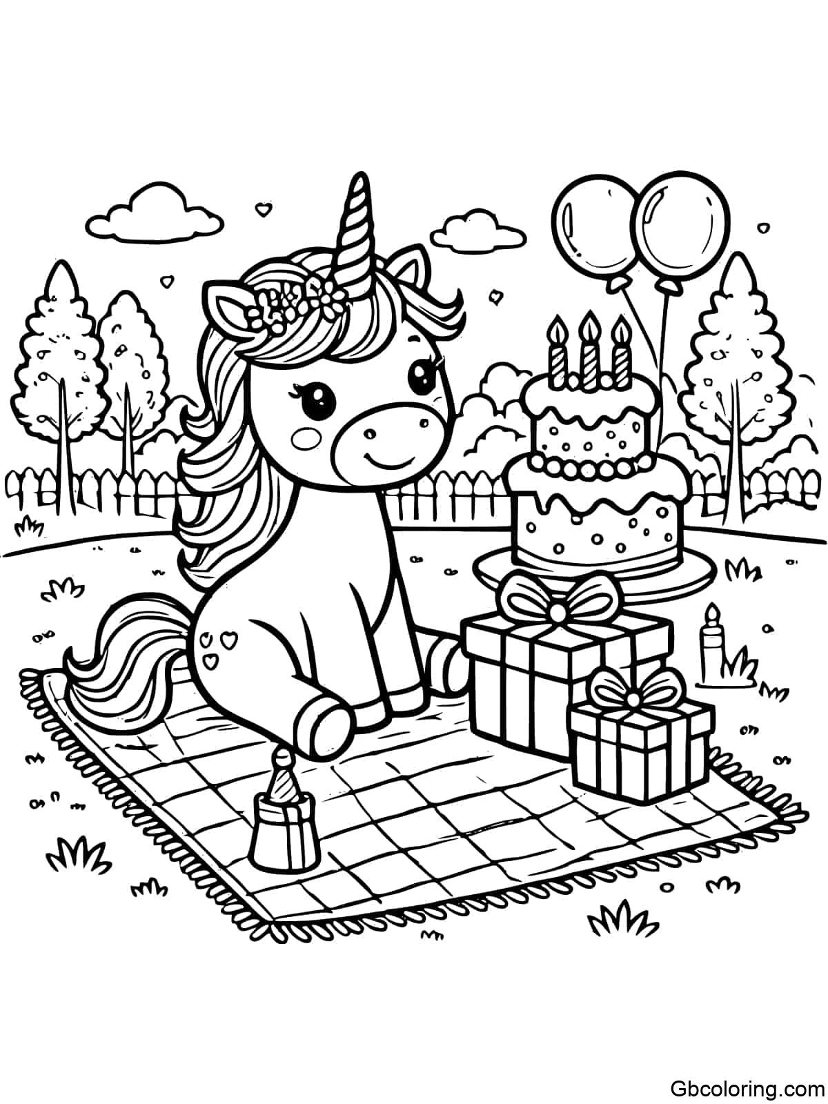 A unicorn having a birthday picnic, designed for children to color.