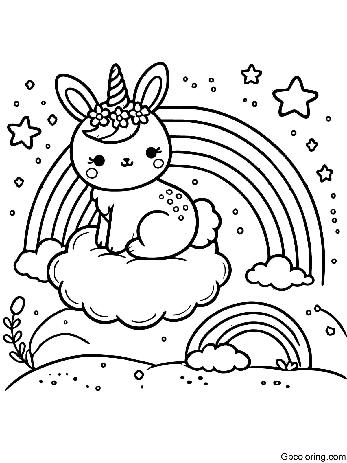 Unicorn Bunny Sitting on a Cloud with Stars and Rainbow