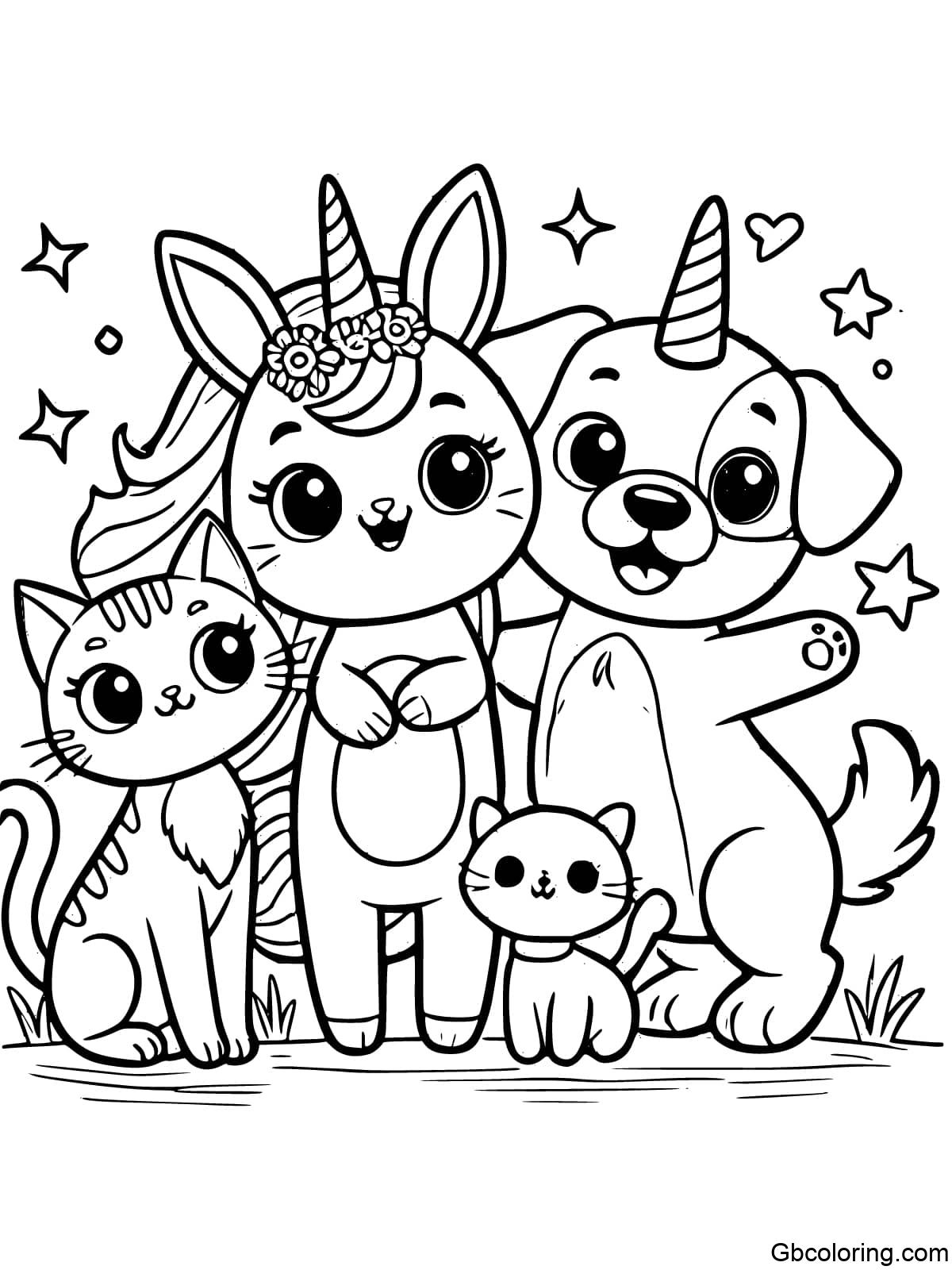 Unicorn Bunny with Cat and Dog Friends