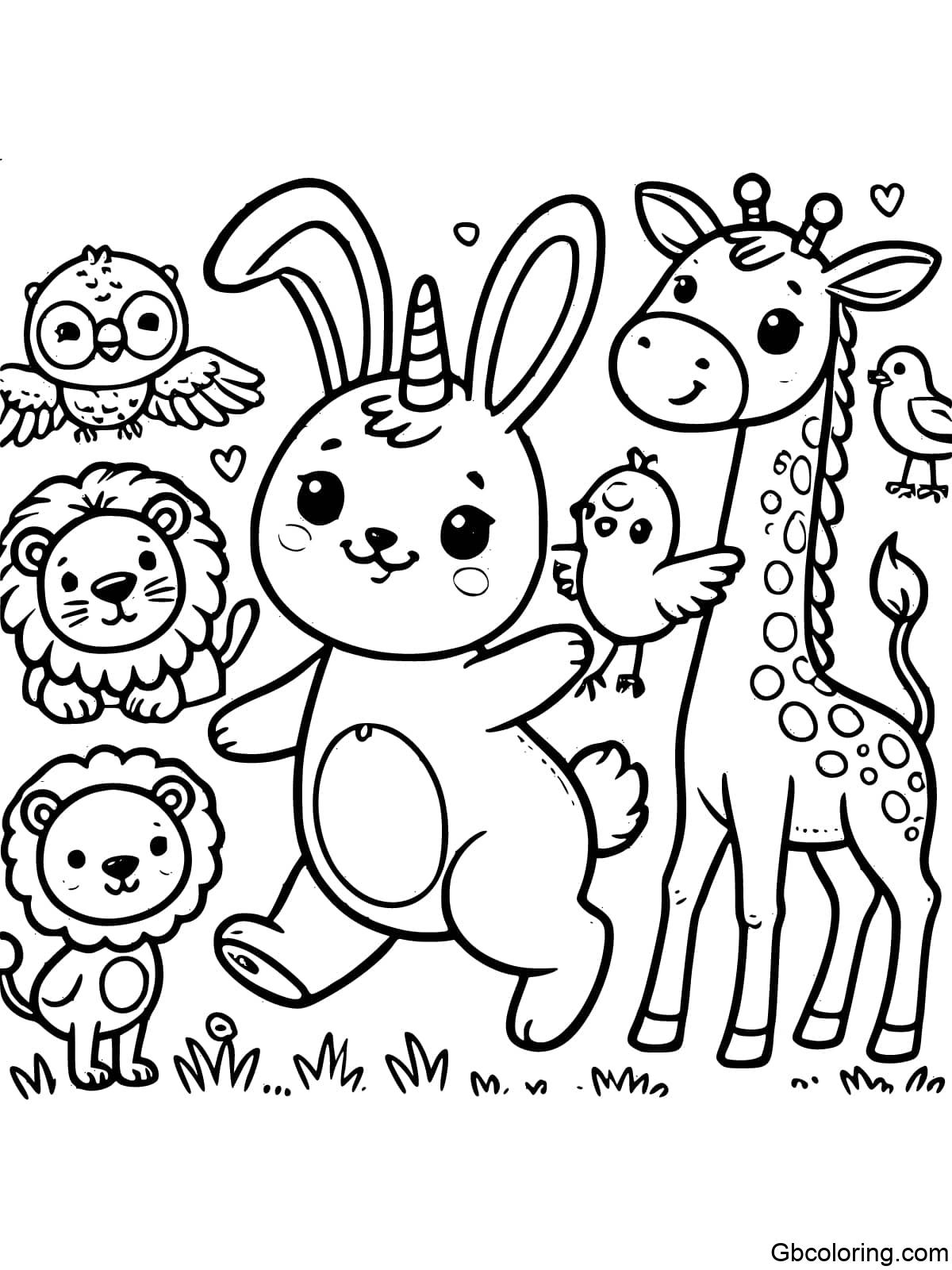 Unicorn Bunny Surrounded by Lion, Giraffe, and Bird