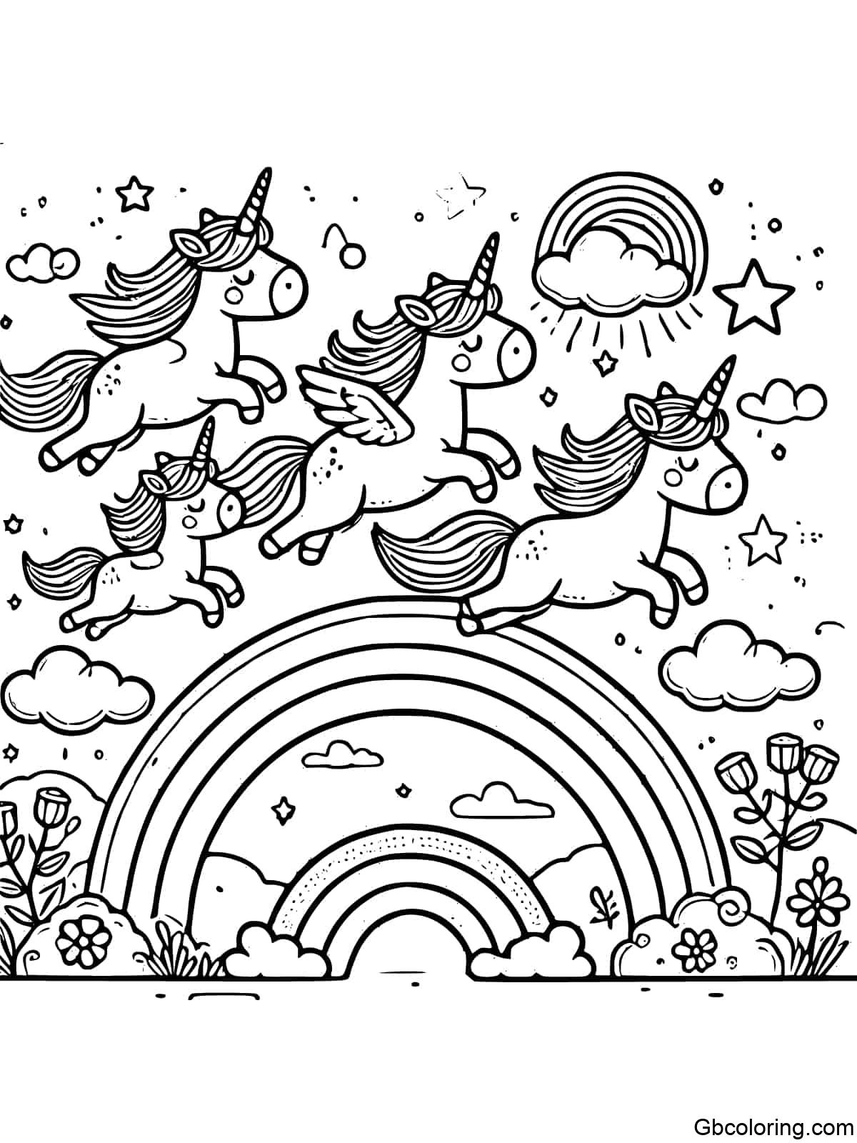 Unicorn family soaring over a rainbow with clouds and stars