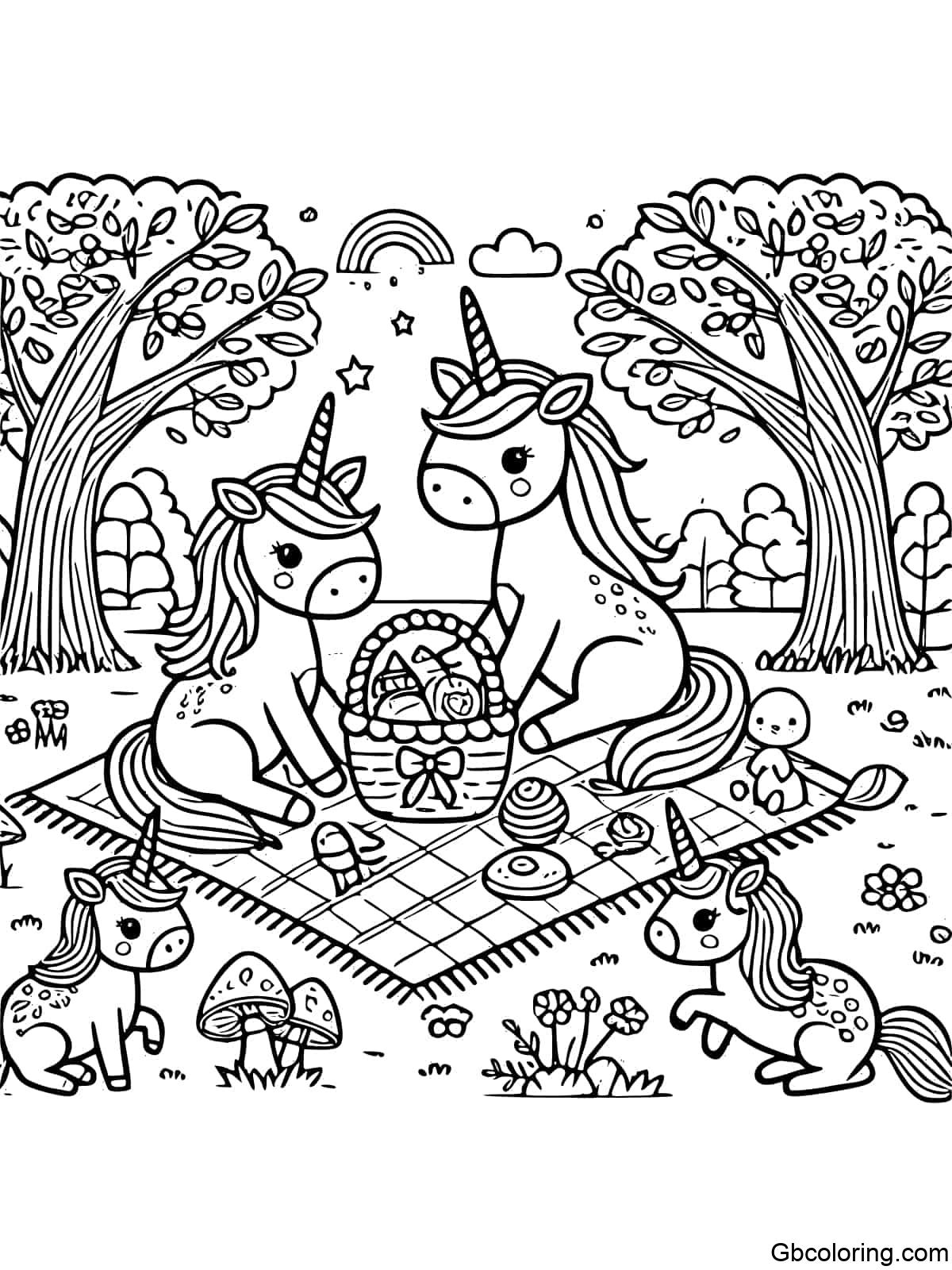 Unicorn family having a picnic with treats and woodland creatures