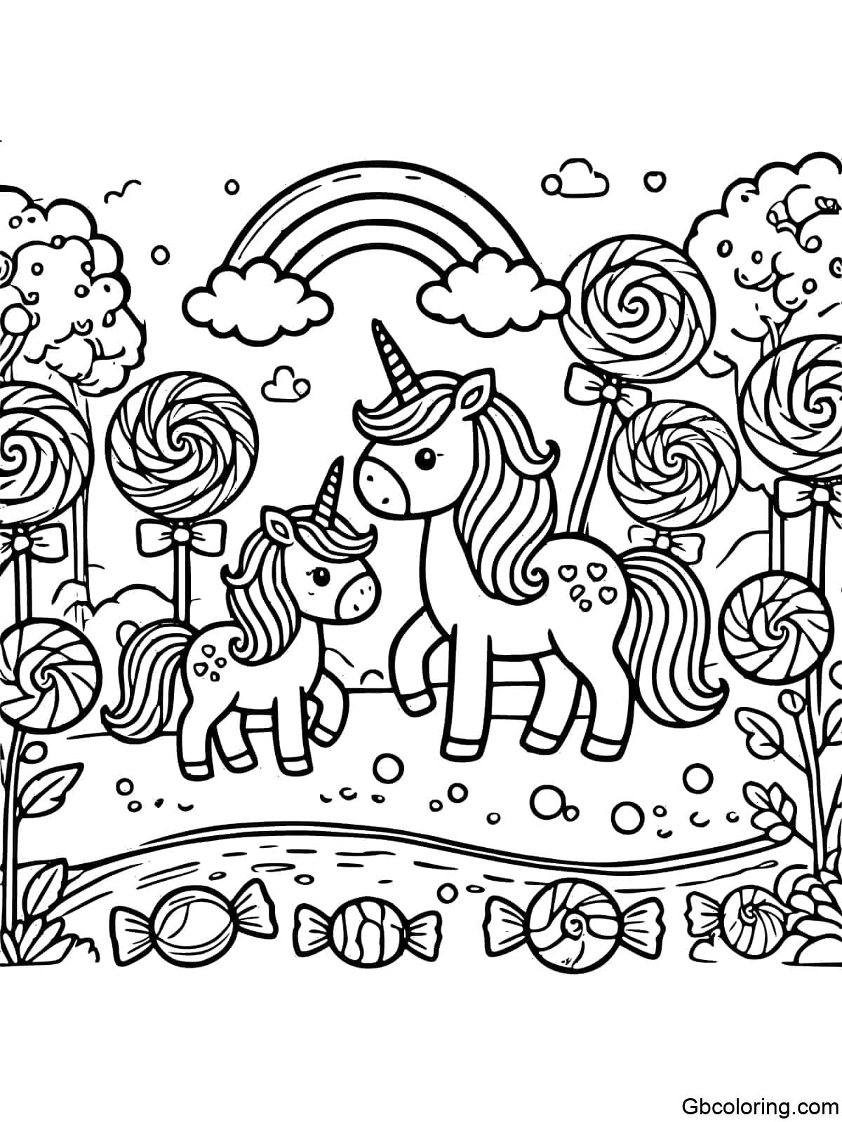 Unicorn family exploring a candy land with candy trees and lollipop flowers