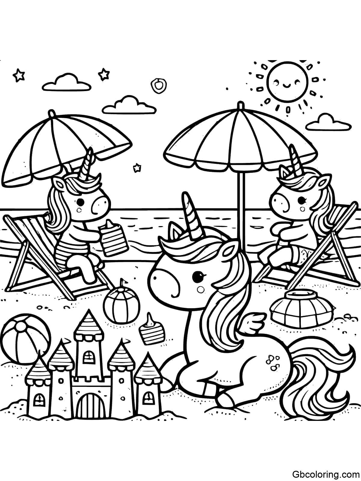 Unicorn family enjoying a sunny day at the beach with sandcastles and umbrellas